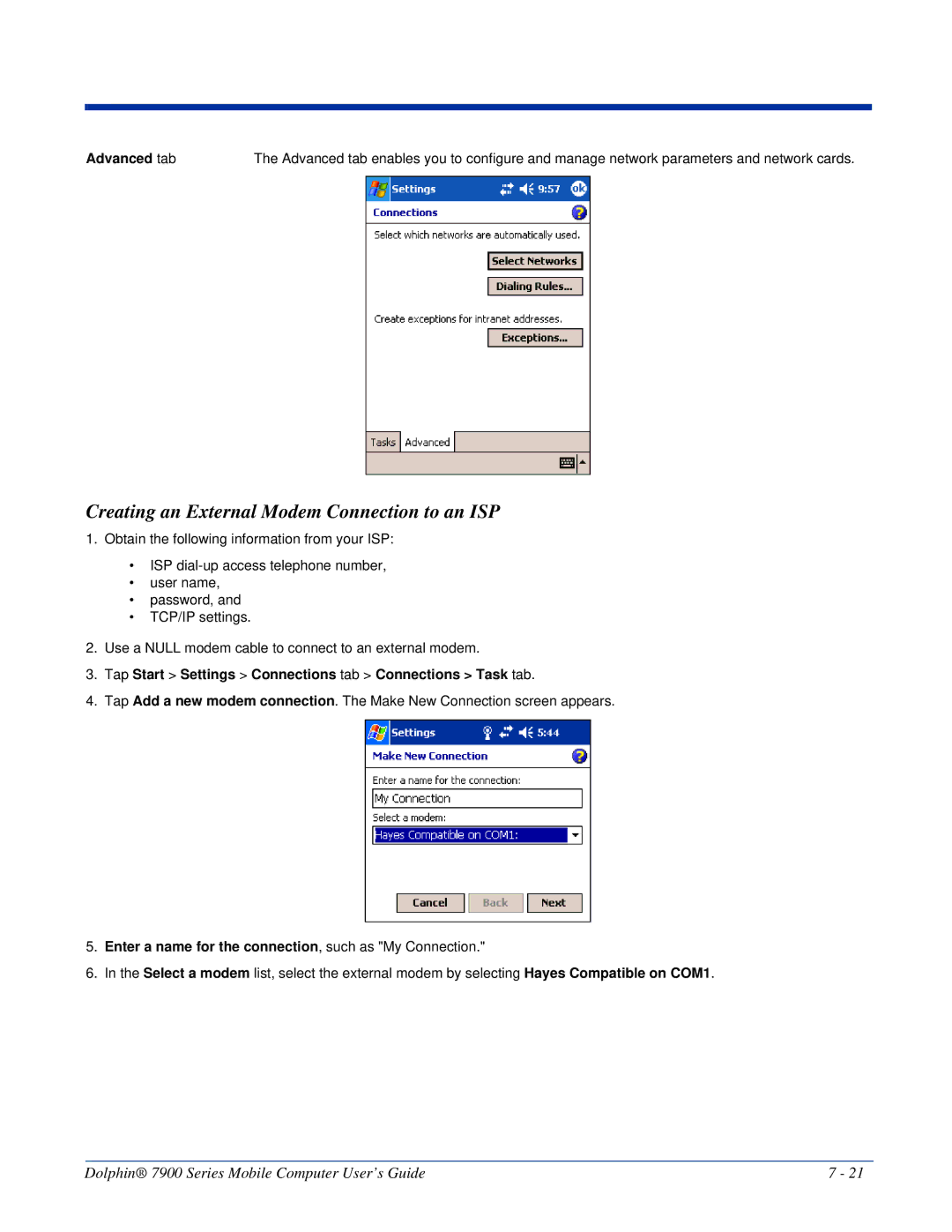 Honeywell 7900 Creating an External Modem Connection to an ISP, Tap Start Settings Connections tab Connections Task tab 