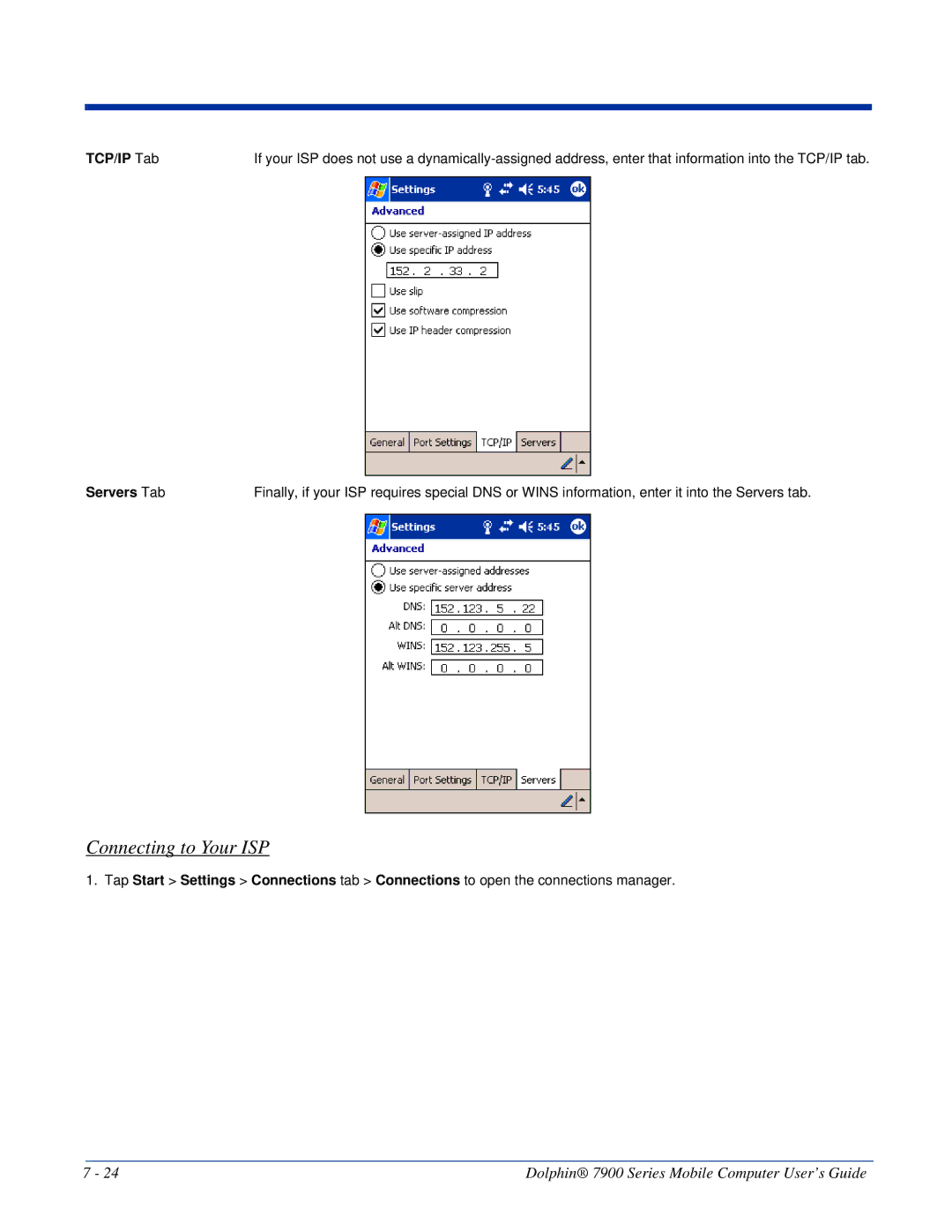 Honeywell 7900 manual Connecting to Your ISP, TCP/IP Tab, Servers Tab 