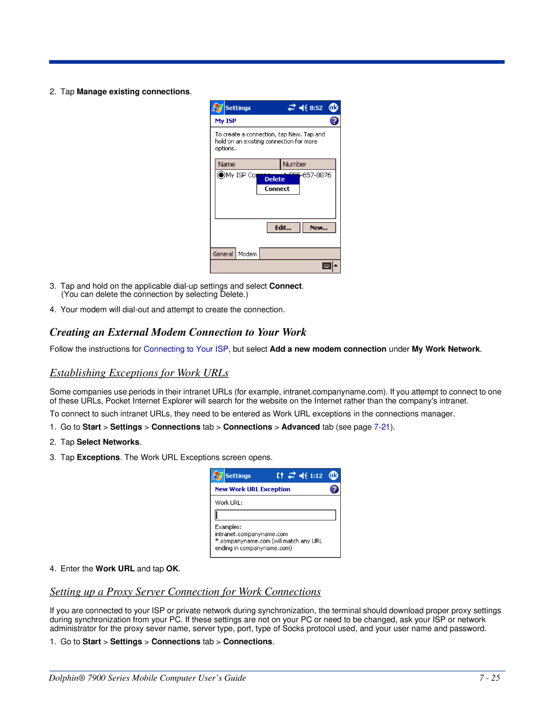 Honeywell 7900 manual Creating an External Modem Connection to Your Work, Establishing Exceptions for Work URLs 