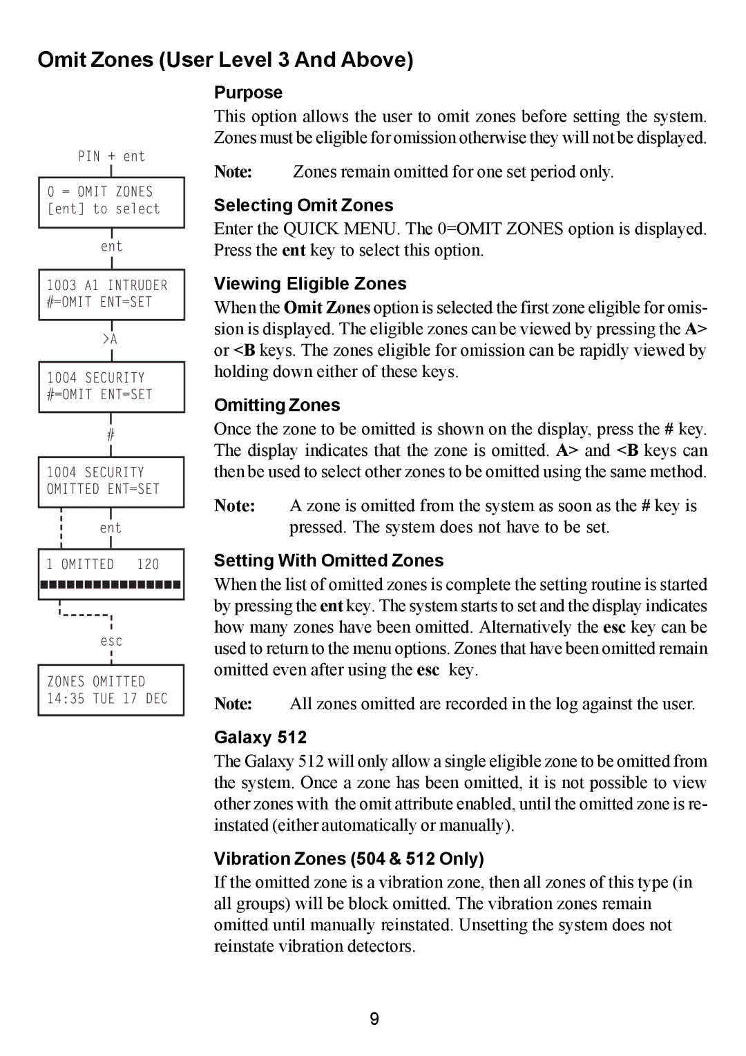 Honeywell 500, 8 Purpose, Viewing Eligible Zones, Selecting Omit Zones, Omitting Zones, Setting With Omitted Zones, Galaxy 