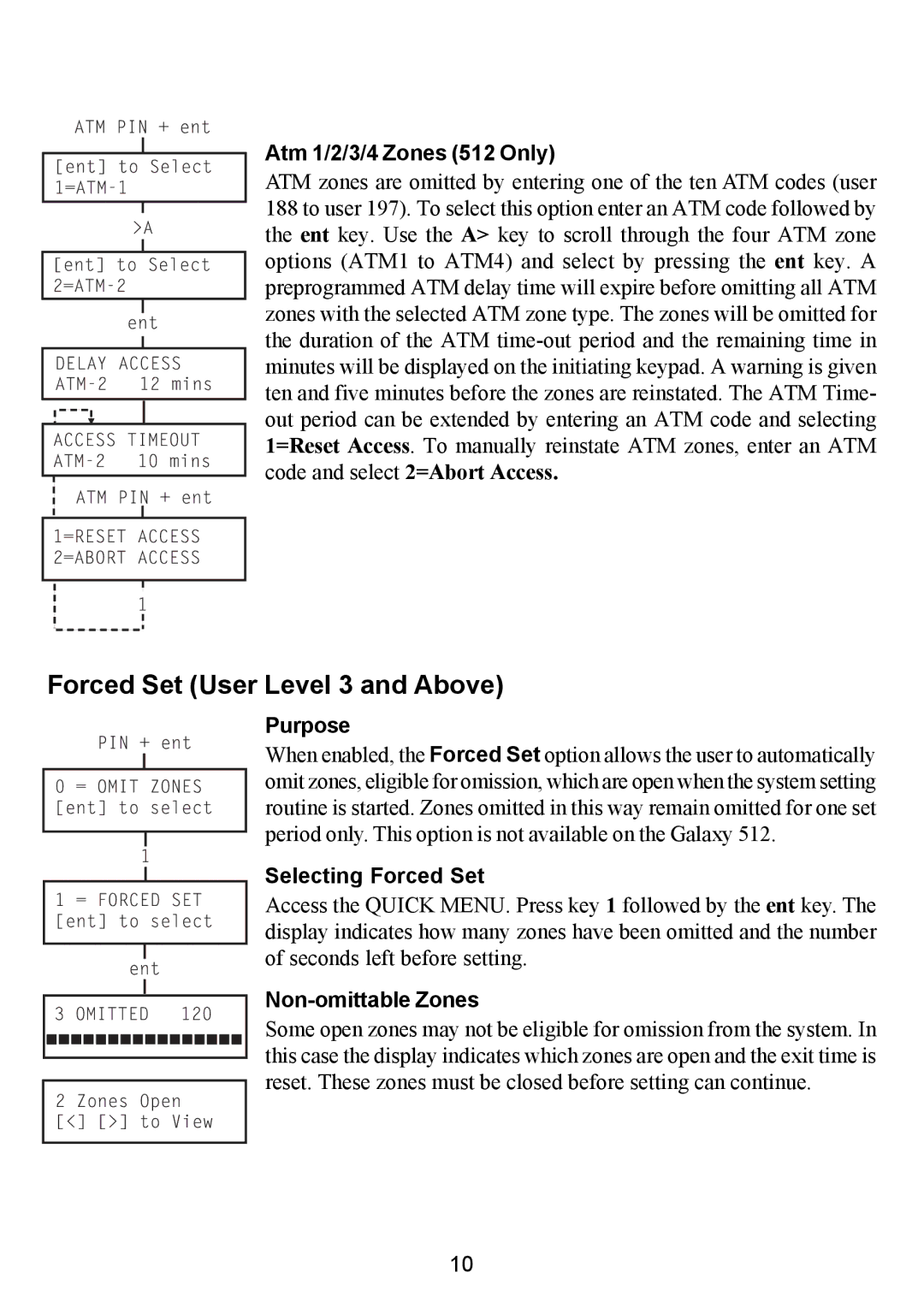 Honeywell 504, 8 Forced Set User Level 3 and Above, Atm 1/2/3/4 Zones 512 Only, Selecting Forced Set, Non-omittable Zones 