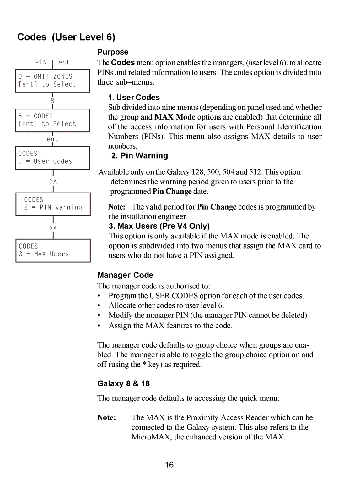 Honeywell 500, 504, 18, 512, 60, 128 manual User Codes, Pin Warning, Max Users Pre V4 Only, Manager Code, Galaxy 8 