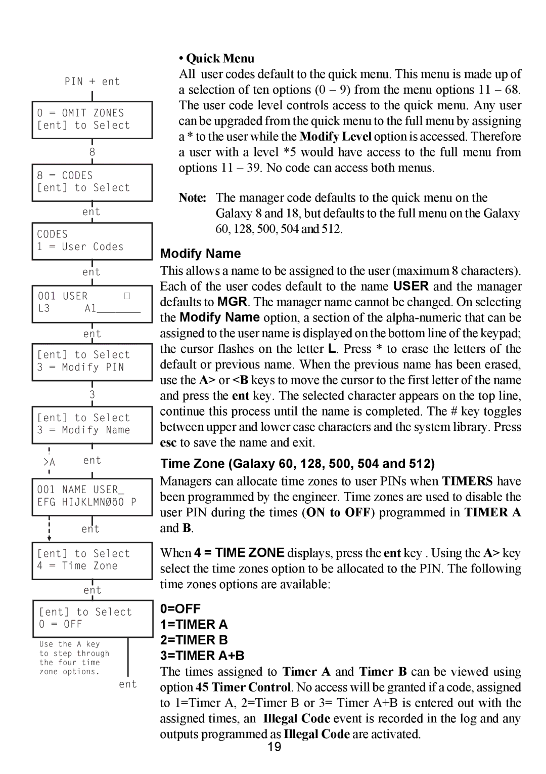 Honeywell 512, 18 manual Quick Menu, Modify Name, Time Zone Galaxy 60, 128, 500, 504 