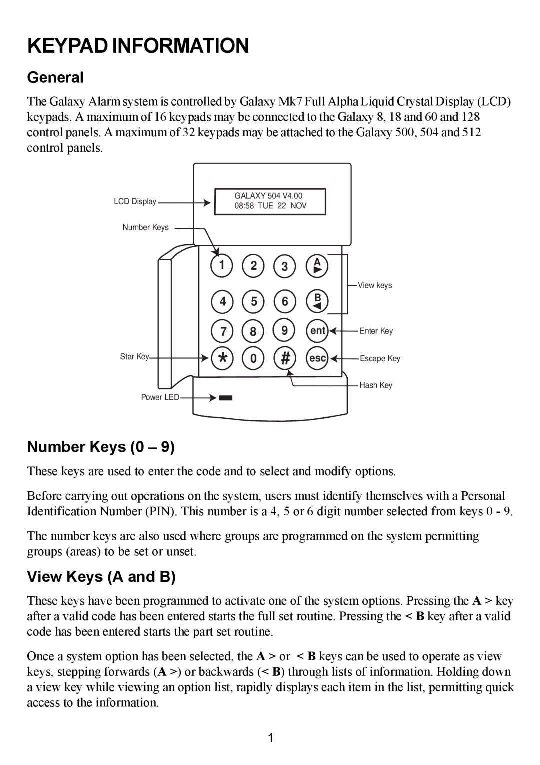 Honeywell 500, 504, 18, 512, 60, 128 manual Keypad Information, General, Number Keys 0, View Keys a and B 