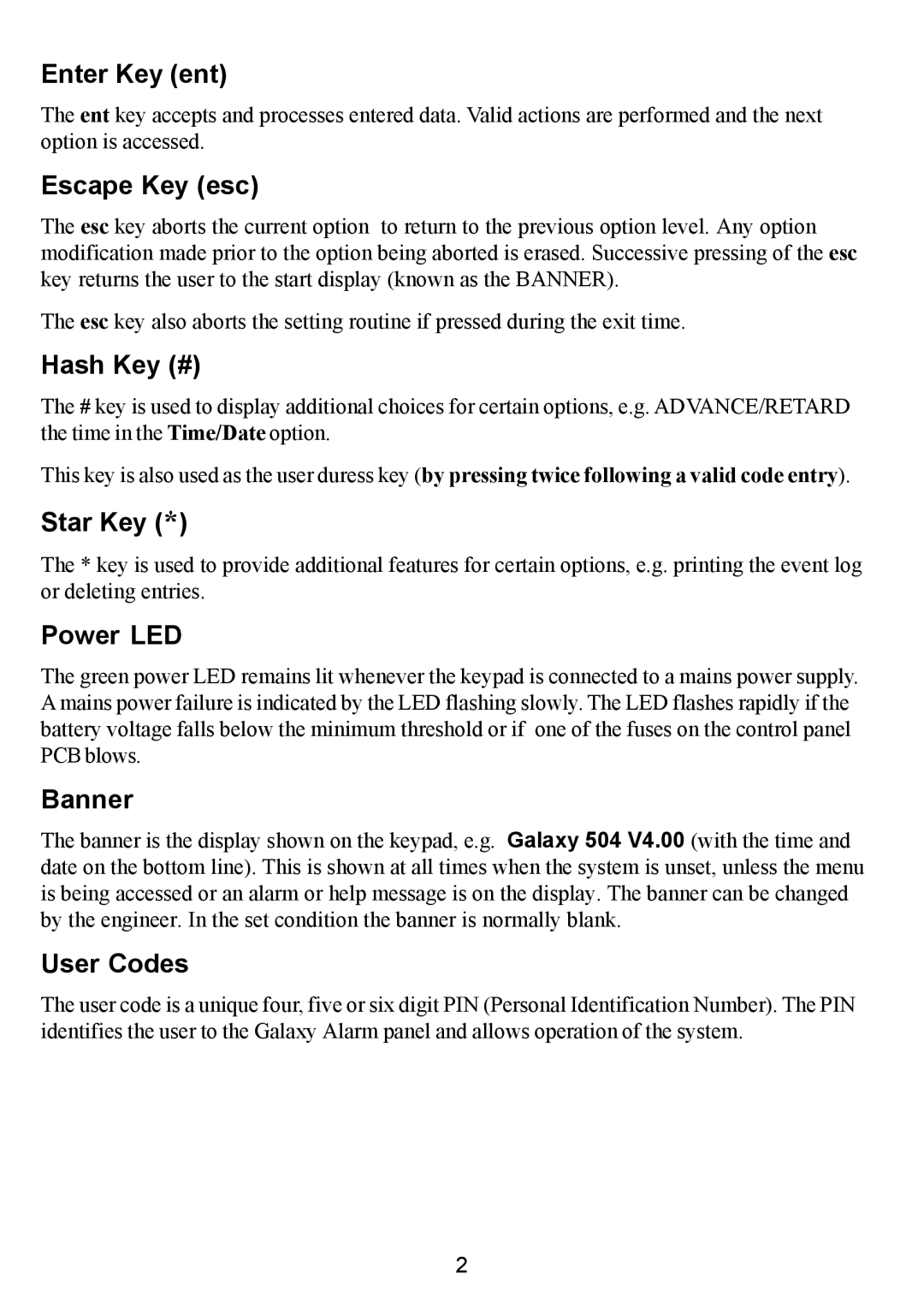 Honeywell 500, 504, 18, 512, 60, 128 Enter Key ent, Escape Key esc, Hash Key #, Star Key, Power LED, Banner, User Codes 