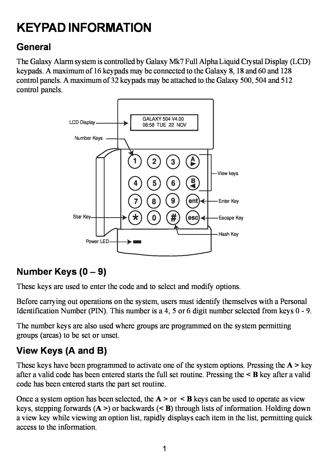 Honeywell 500, 504, 18, 512, 60, 128 manual Keypad Information, General, Number Keys, View Keys A and B 