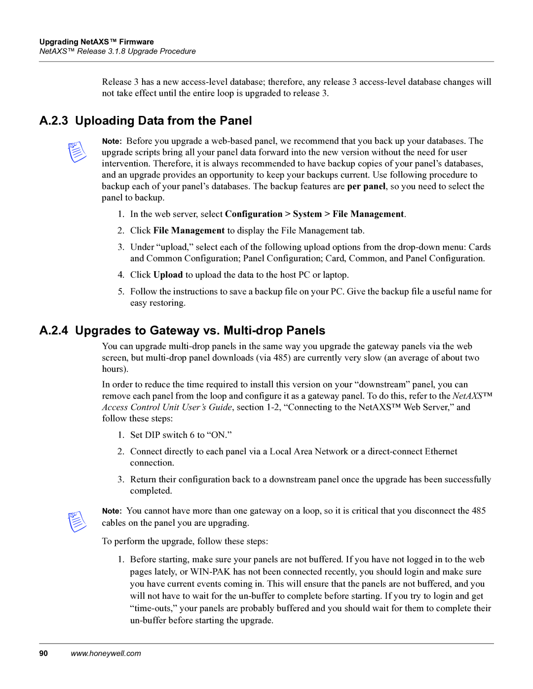 Honeywell 800-04410, NetAXS manual Uploading Data from the Panel, Upgrades to Gateway vs. Multi-drop Panels 