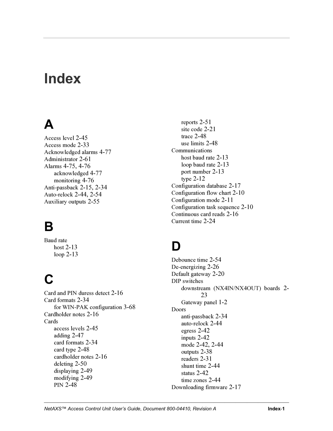 Honeywell NetAXS, 800-04410 manual Index 