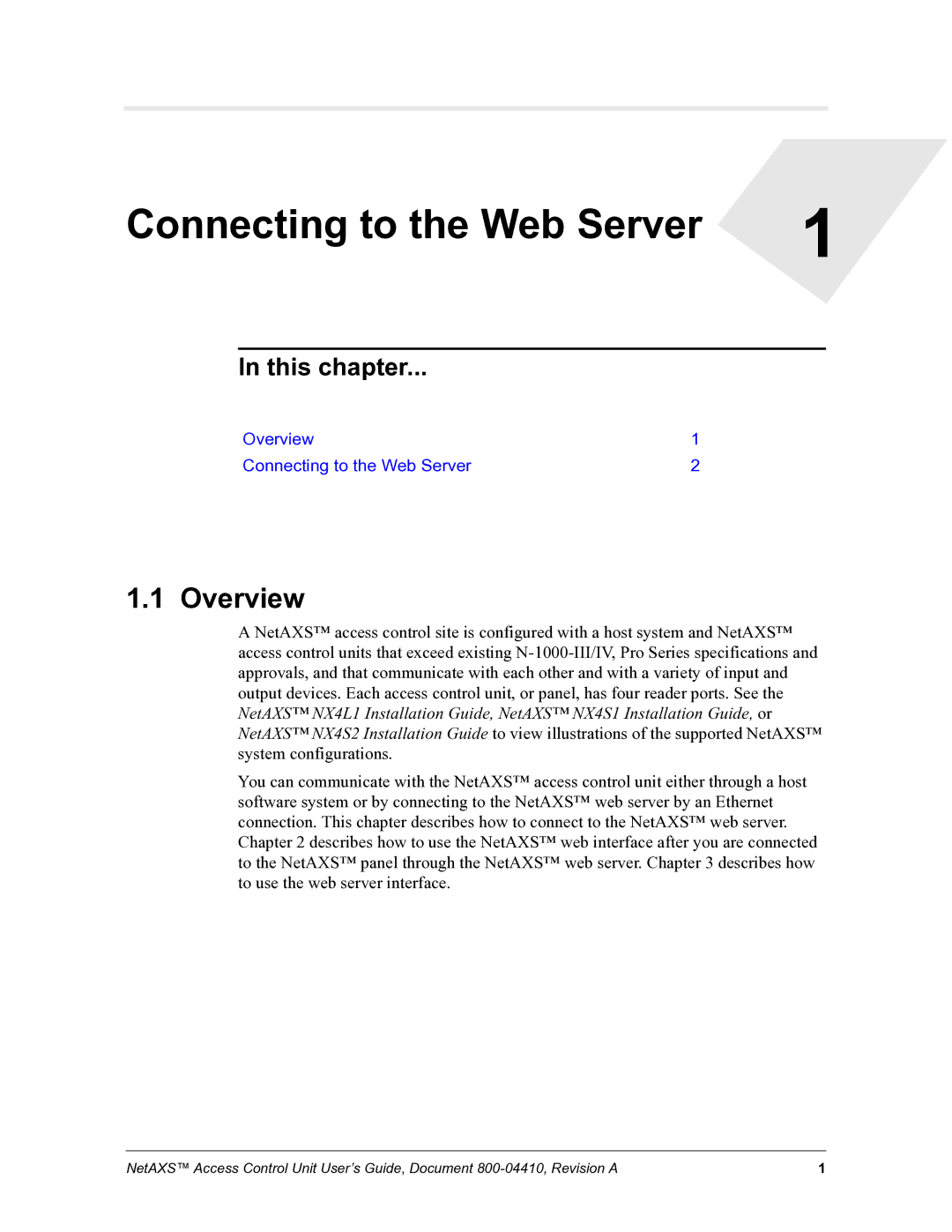 Honeywell NetAXS, 800-04410 manual Connecting to the Web Server, Overview 