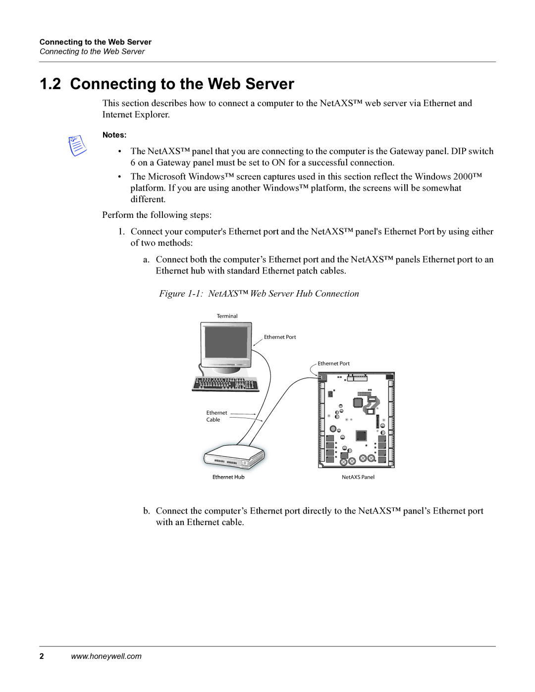 Honeywell 800-04410 manual Connecting to the Web Server, NetAXS Web Server Hub Connection 