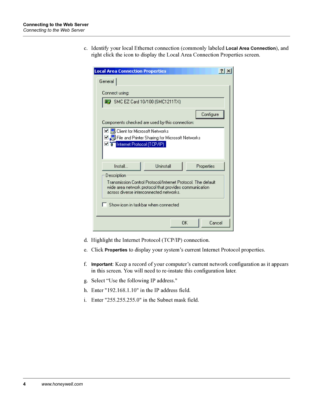 Honeywell 800-04410, NetAXS manual Connecting to the Web Server 