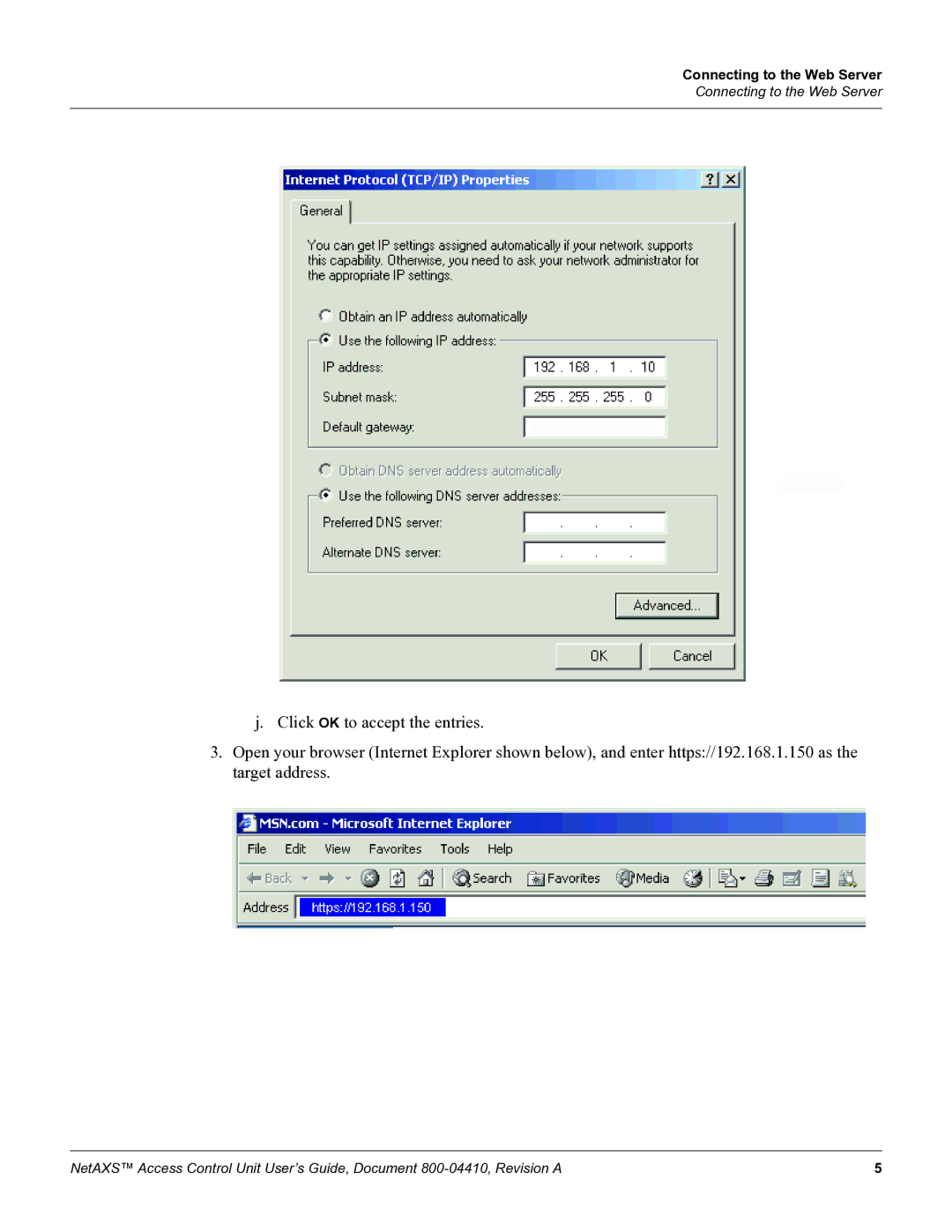 Honeywell NetAXS, 800-04410 manual Connecting to the Web Server 