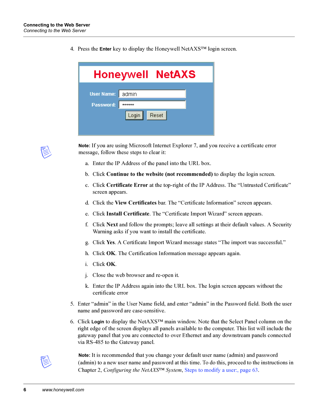 Honeywell 800-04410, NetAXS manual Connecting to the Web Server 
