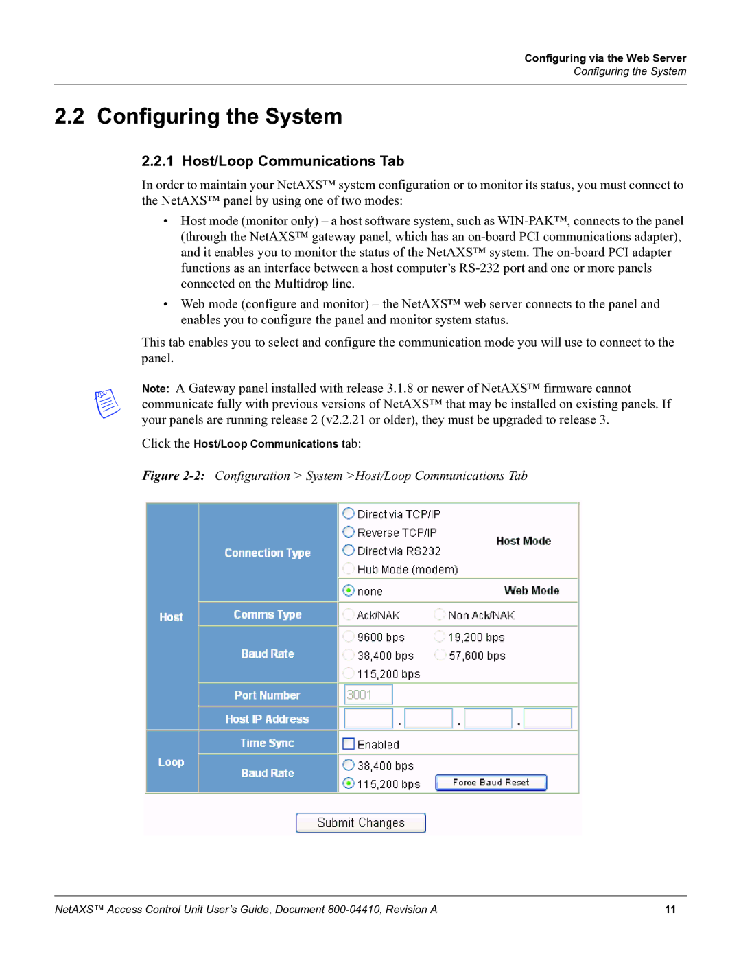 Honeywell NetAXS, 800-04410 manual Configuring the System, 2Configuration System Host/Loop Communications Tab 