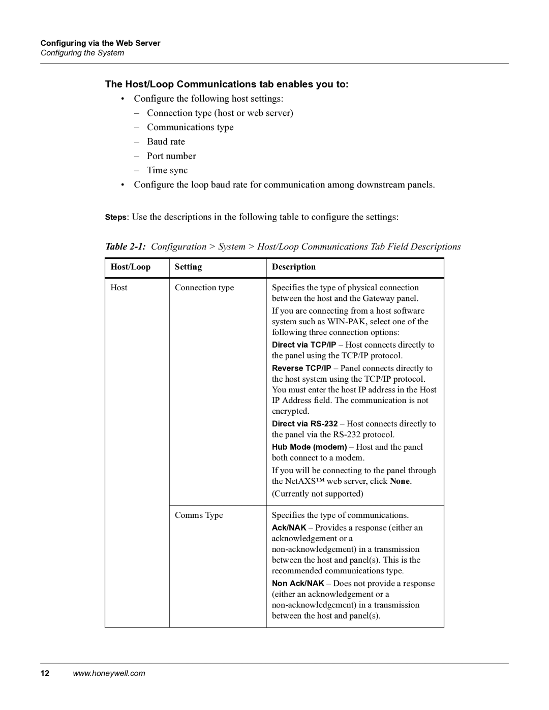 Honeywell 800-04410, NetAXS manual Host/Loop Communications tab enables you to, Host/Loop Setting Description 