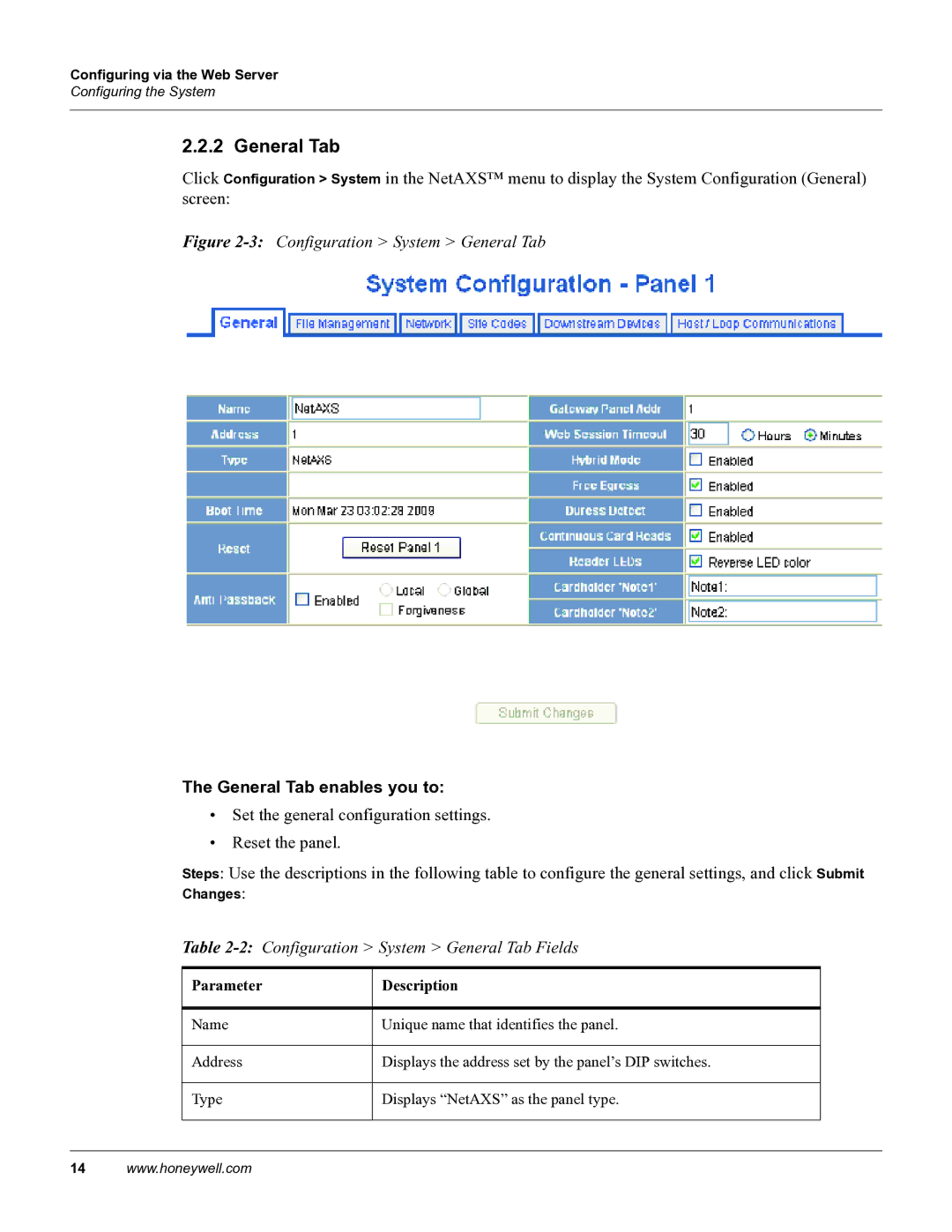 Honeywell 800-04410, NetAXS manual General Tab enables you to, 2Configuration System General Tab Fields 