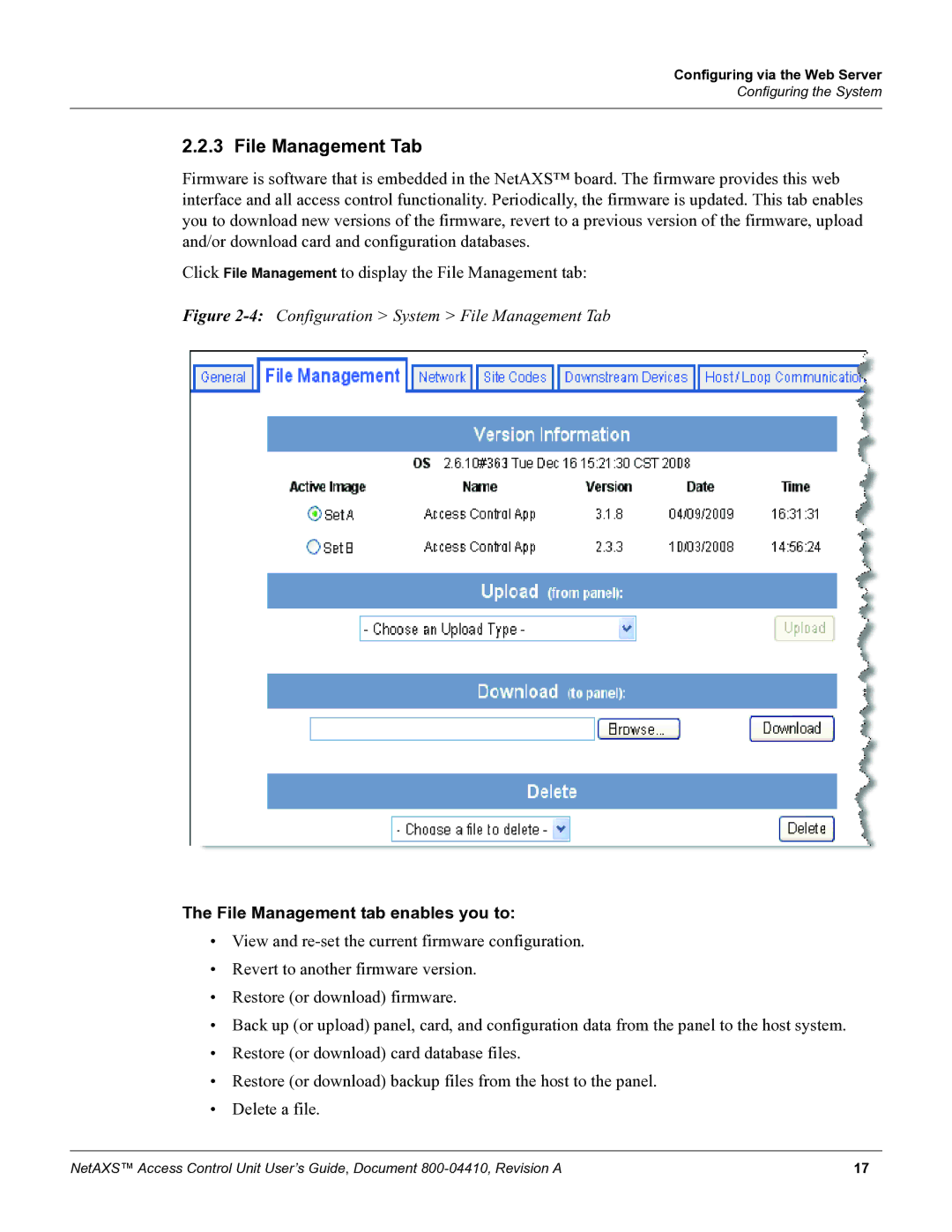 Honeywell NetAXS, 800-04410 manual 4Configuration System File Management Tab, File Management tab enables you to 