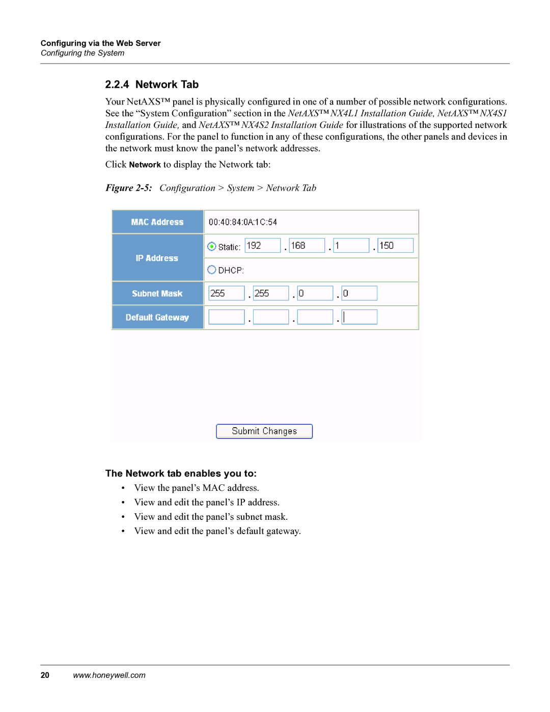 Honeywell 800-04410, NetAXS manual 5Configuration System Network Tab, Network tab enables you to 