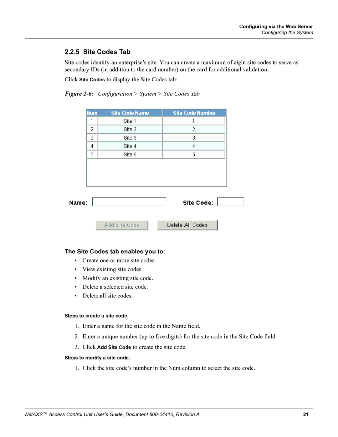 Honeywell NetAXS, 800-04410 manual 6Configuration System Site Codes Tab, Site Codes tab enables you to 