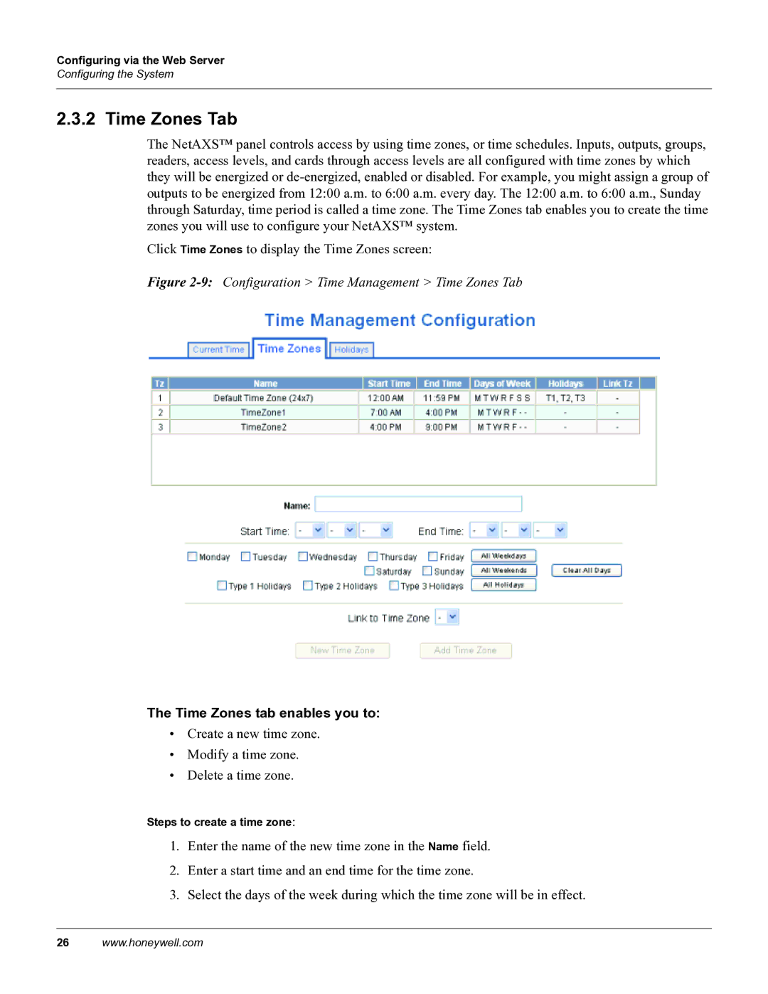 Honeywell 800-04410, NetAXS manual Time Zones Tab, Time Zones tab enables you to 