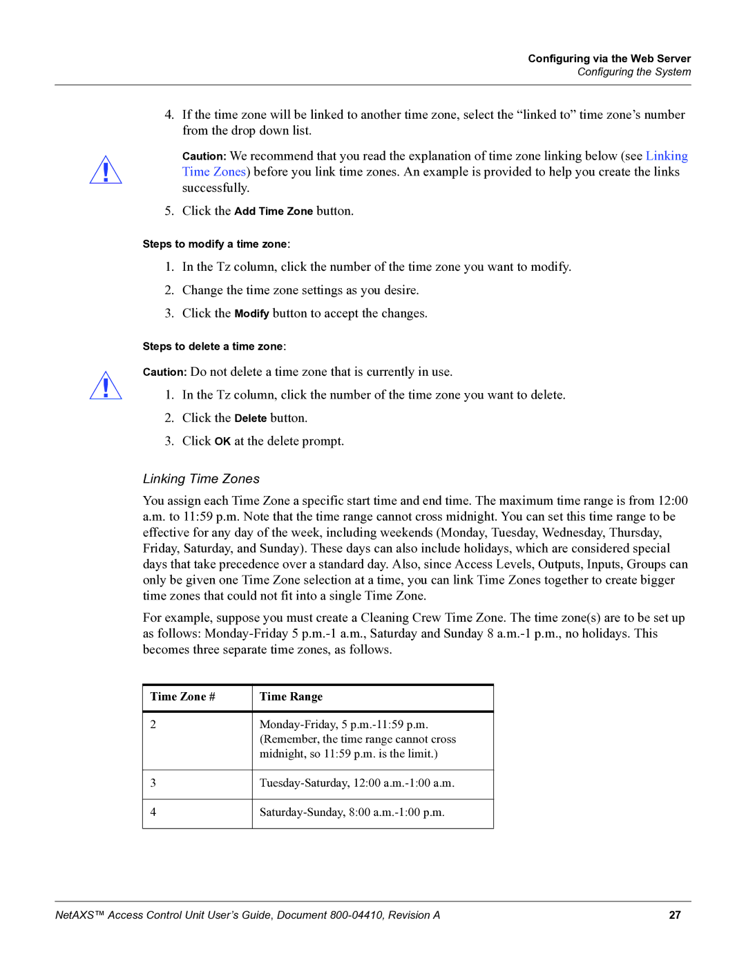 Honeywell NetAXS, 800-04410 manual Linking Time Zones 