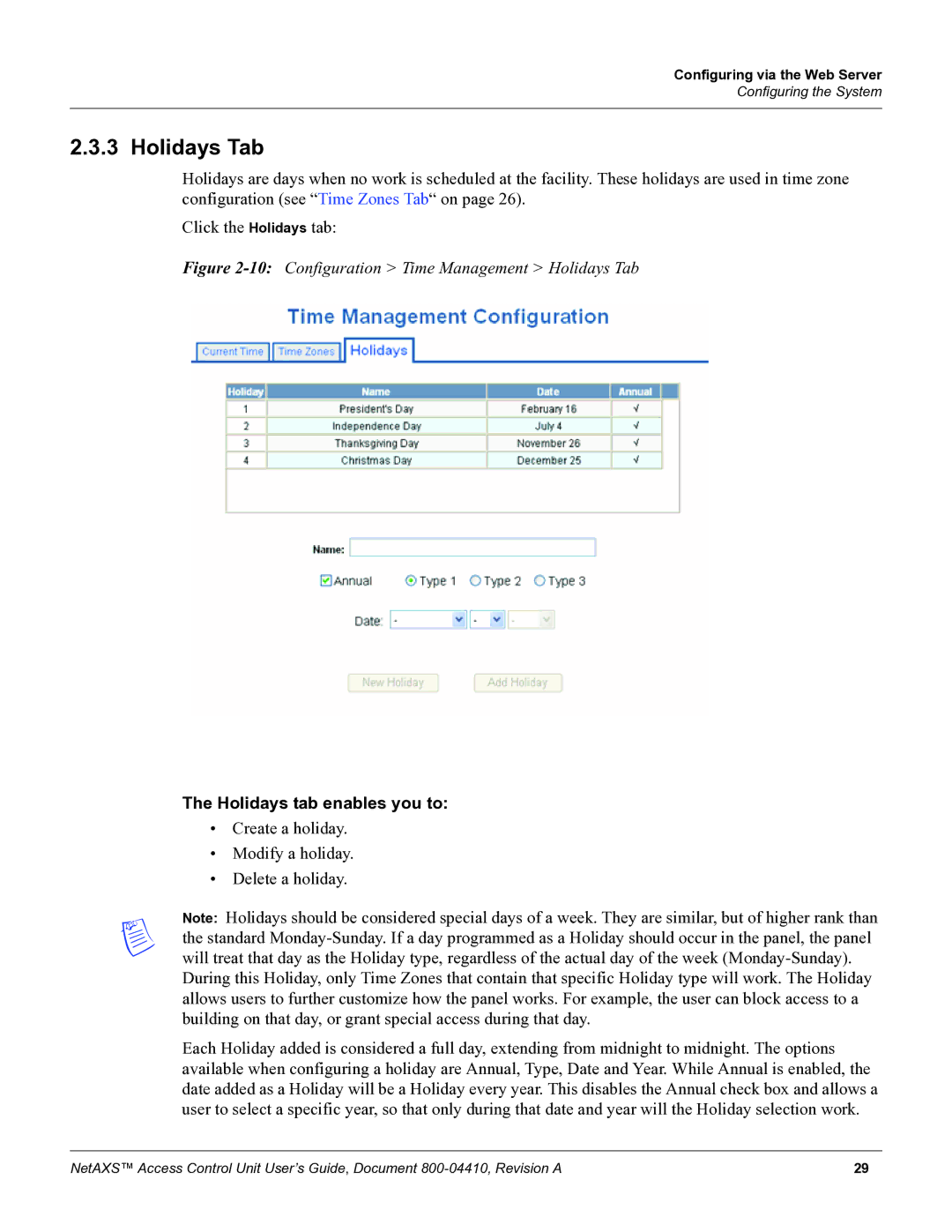 Honeywell NetAXS, 800-04410 manual Holidays Tab, Holidays tab enables you to 
