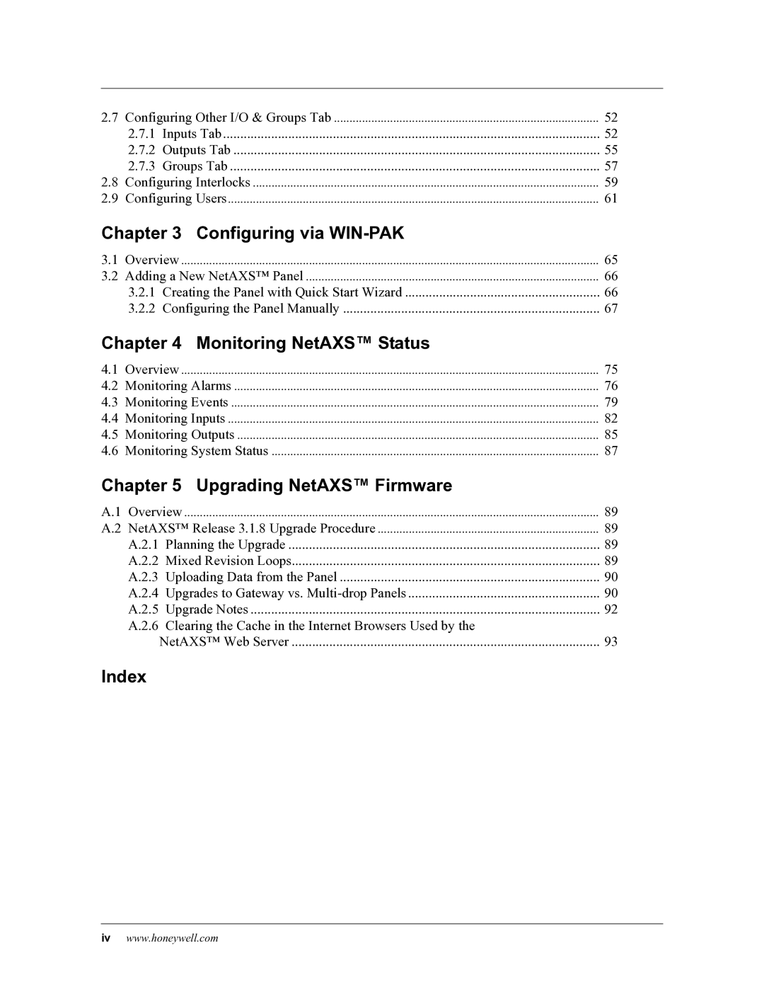 Honeywell 800-04410 manual Configuring via WIN-PAK, Monitoring NetAXS Status, Upgrading NetAXS Firmware, Index 