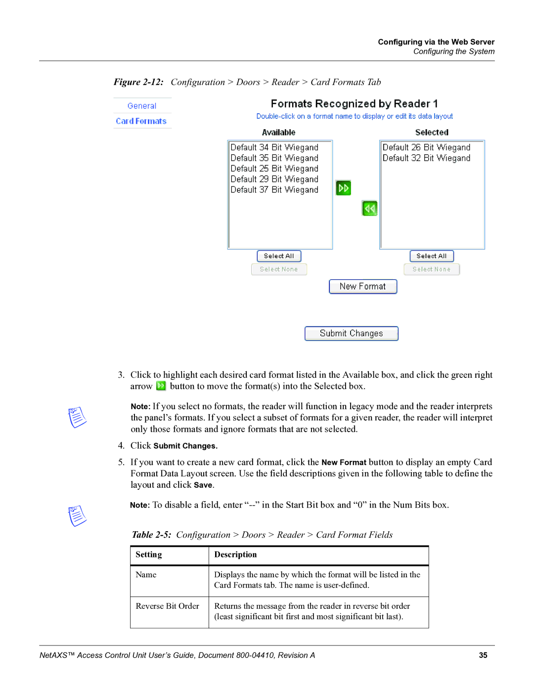 Honeywell NetAXS, 800-04410 12Configuration Doors Reader Card Formats Tab, 5Configuration Doors Reader Card Format Fields 