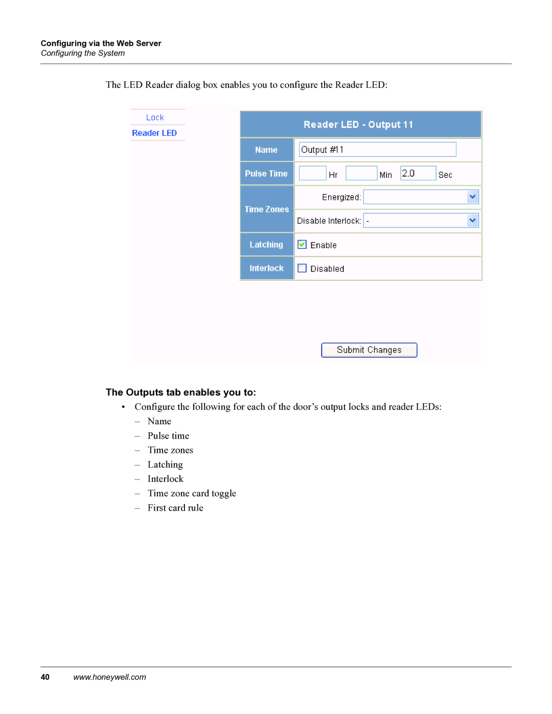 Honeywell 800-04410, NetAXS manual Outputs tab enables you to 