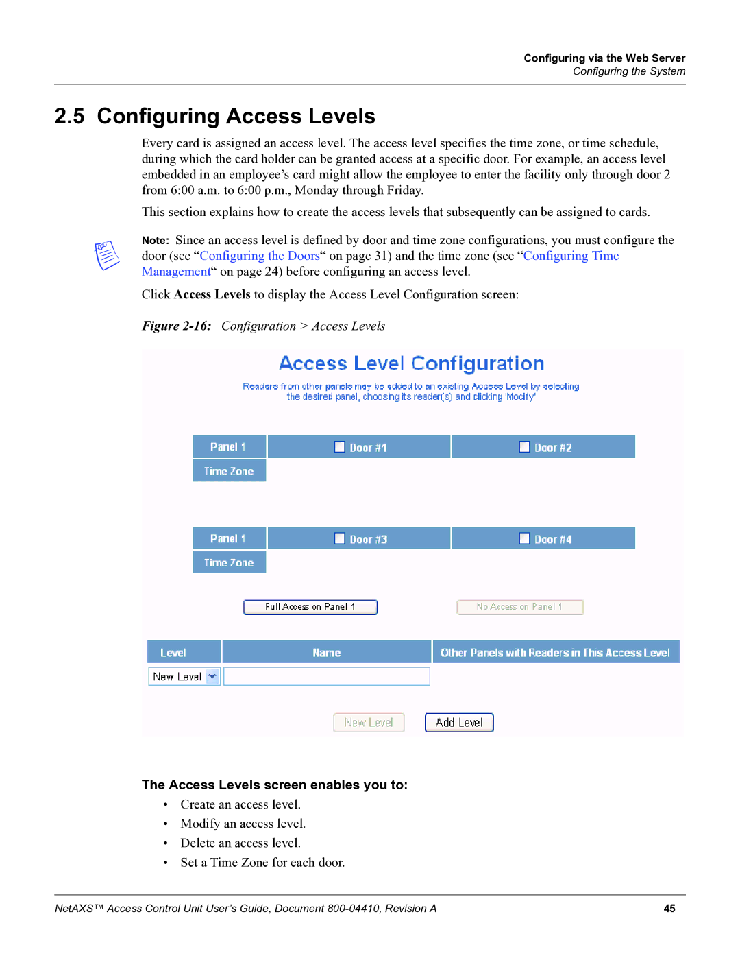 Honeywell NetAXS, 800-04410 manual Configuring Access Levels, Access Levels screen enables you to 