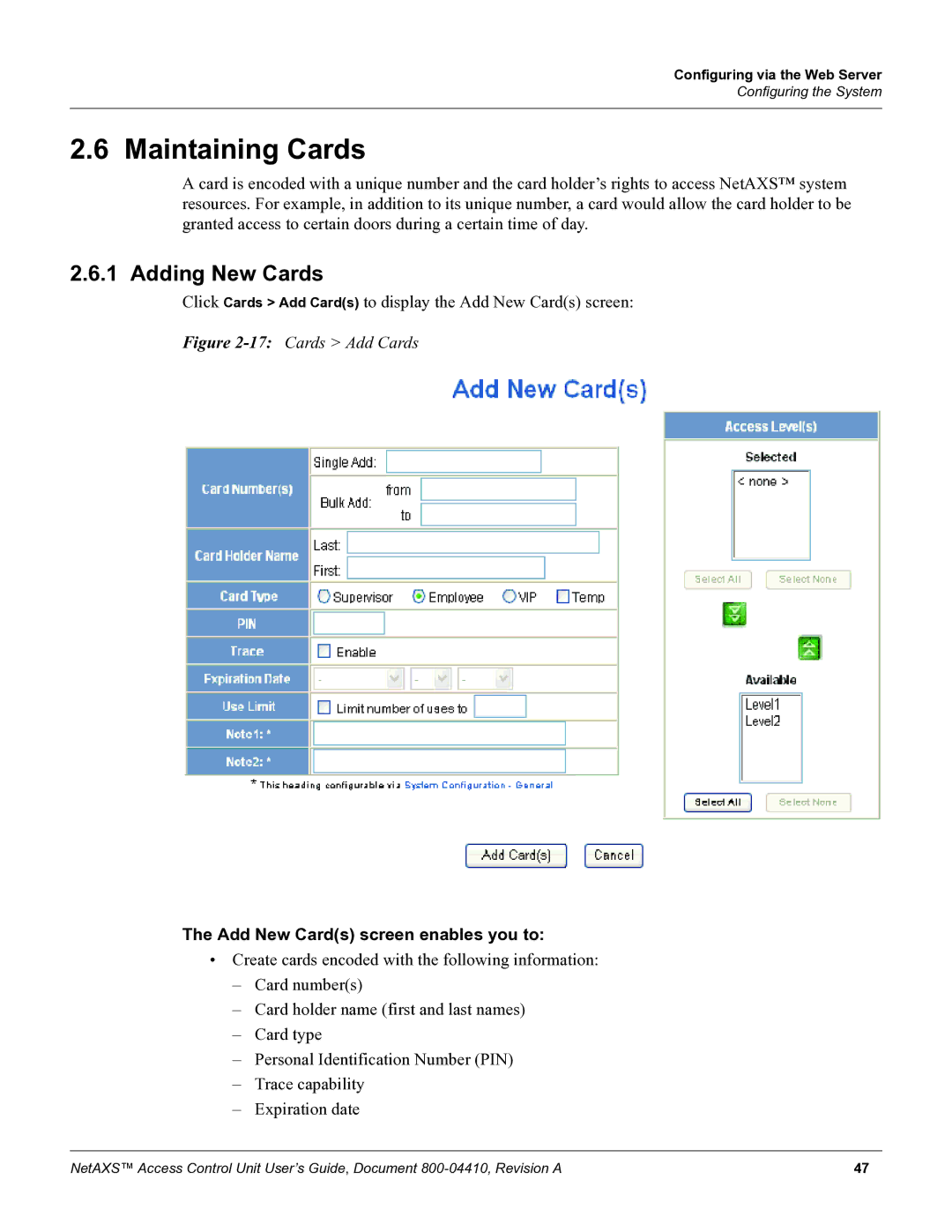 Honeywell NetAXS, 800-04410 manual Maintaining Cards, Adding New Cards, Add New Cards screen enables you to 