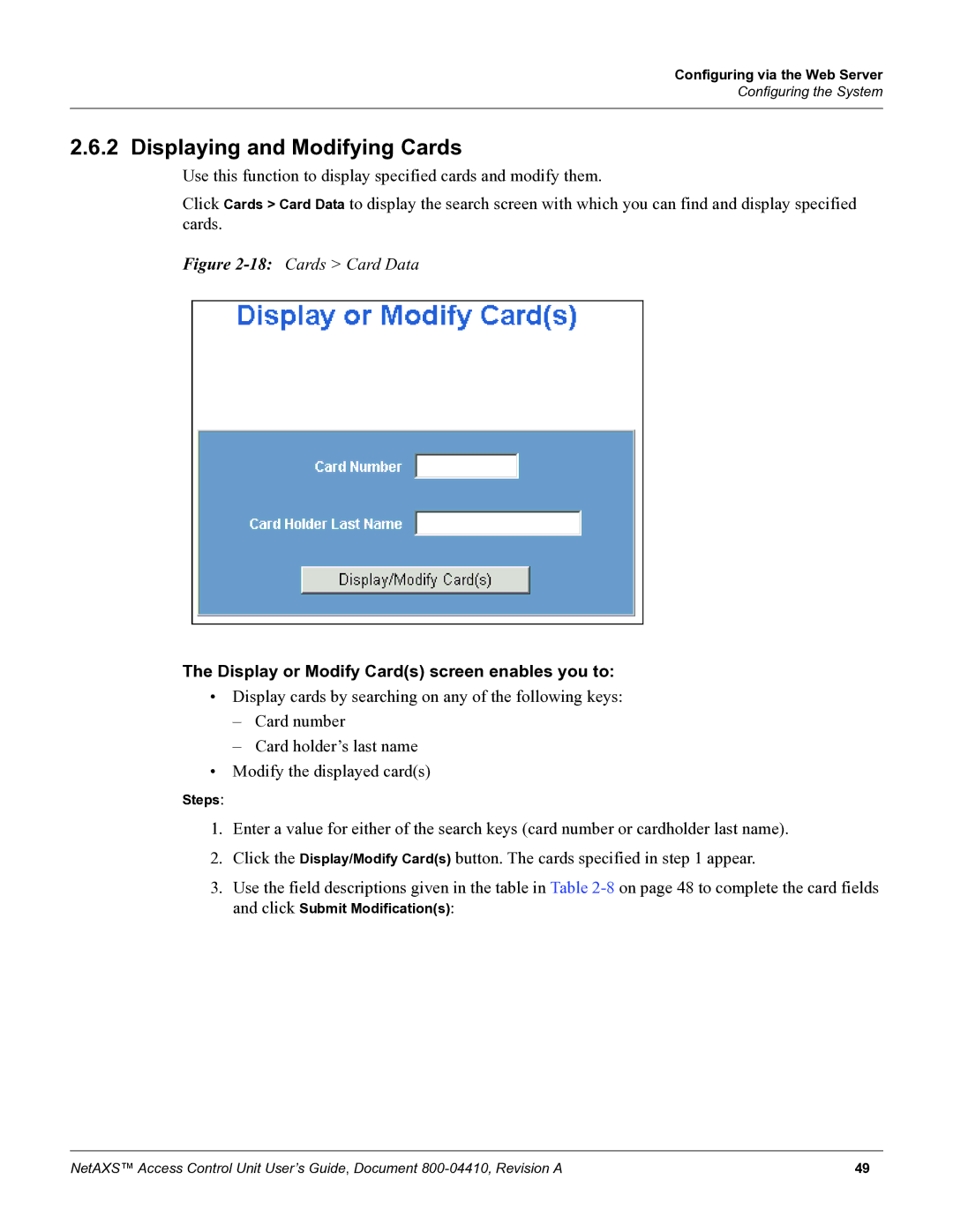 Honeywell NetAXS, 800-04410 manual Displaying and Modifying Cards, Display or Modify Cards screen enables you to 