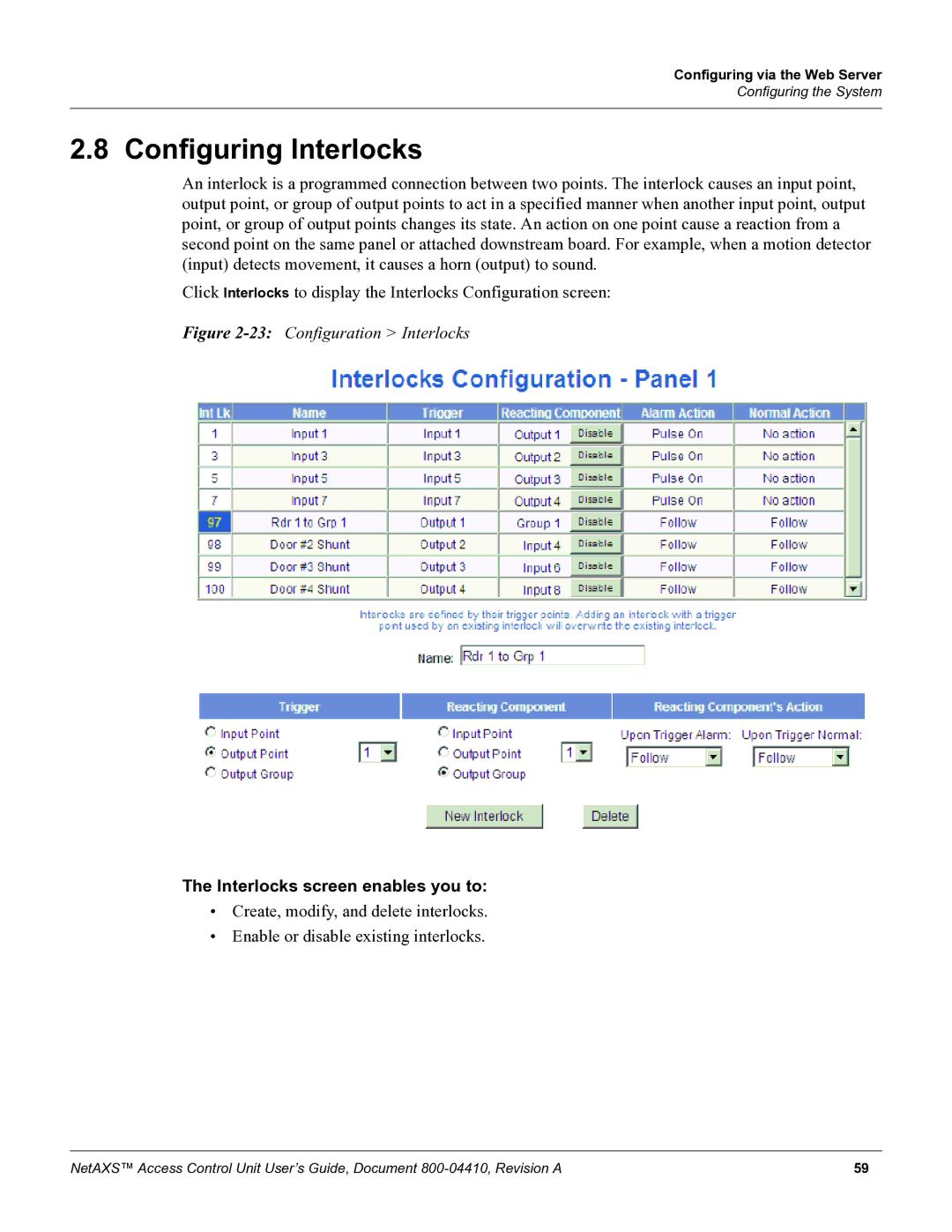 Honeywell NetAXS, 800-04410 manual Configuring Interlocks, Interlocks screen enables you to 