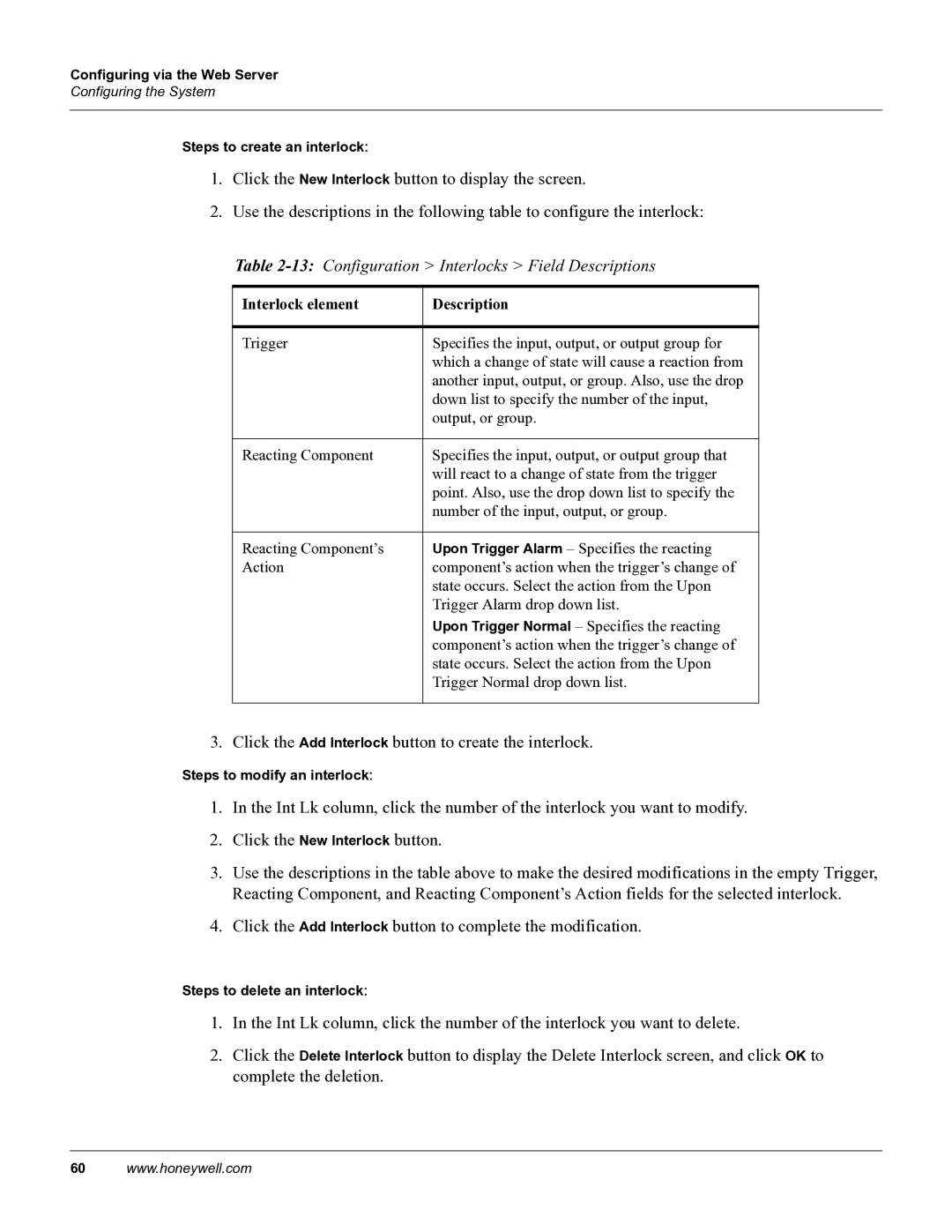 Honeywell 800-04410, NetAXS manual 13Configuration Interlocks Field Descriptions, Interlock element Description 
