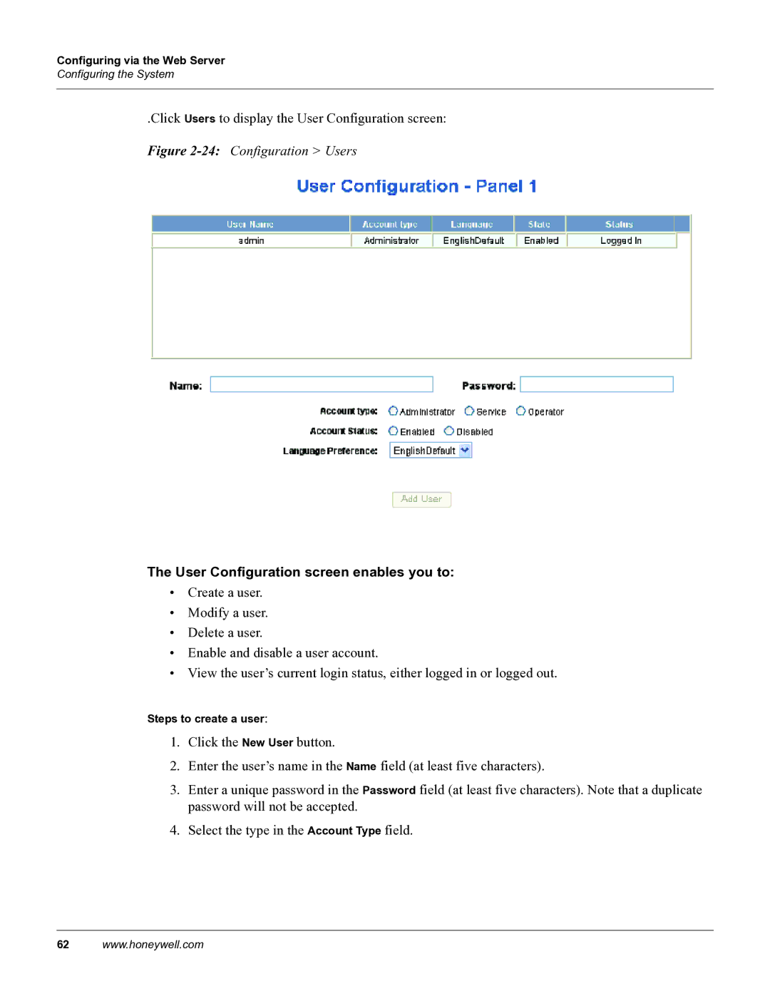 Honeywell 800-04410, NetAXS manual 24Configuration Users, User Configuration screen enables you to 