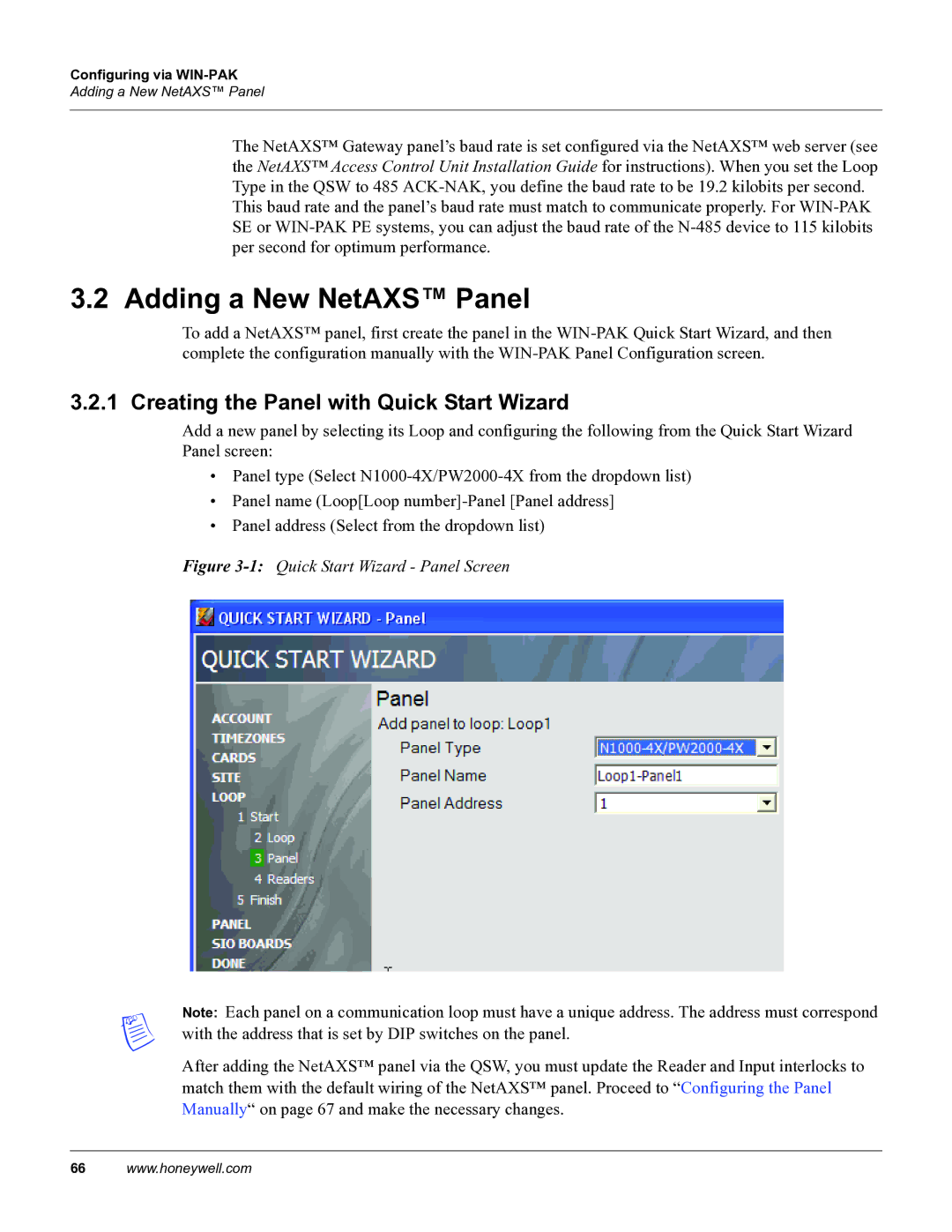 Honeywell 800-04410 manual Adding a New NetAXS Panel, Creating the Panel with Quick Start Wizard 