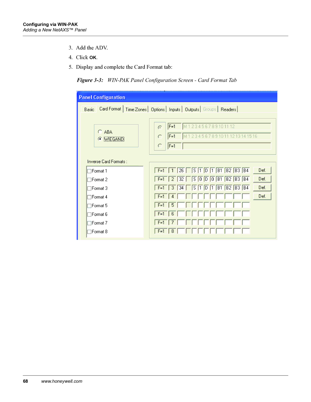 Honeywell 800-04410, NetAXS manual 3WIN-PAK Panel Configuration Screen Card Format Tab 