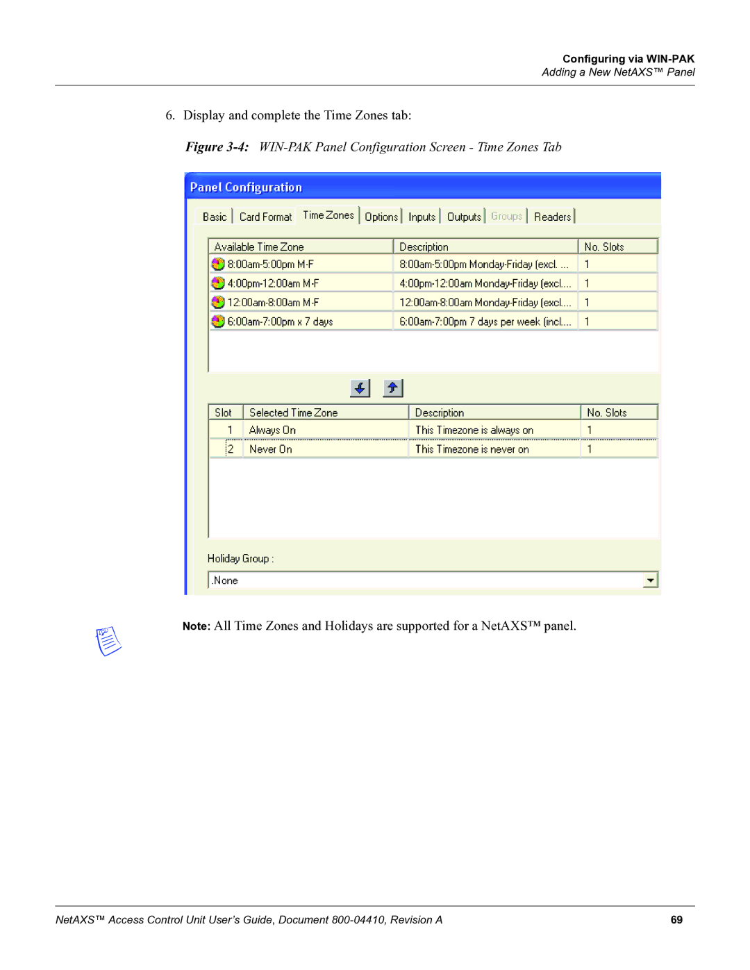 Honeywell NetAXS, 800-04410 manual 4WIN-PAK Panel Configuration Screen Time Zones Tab 