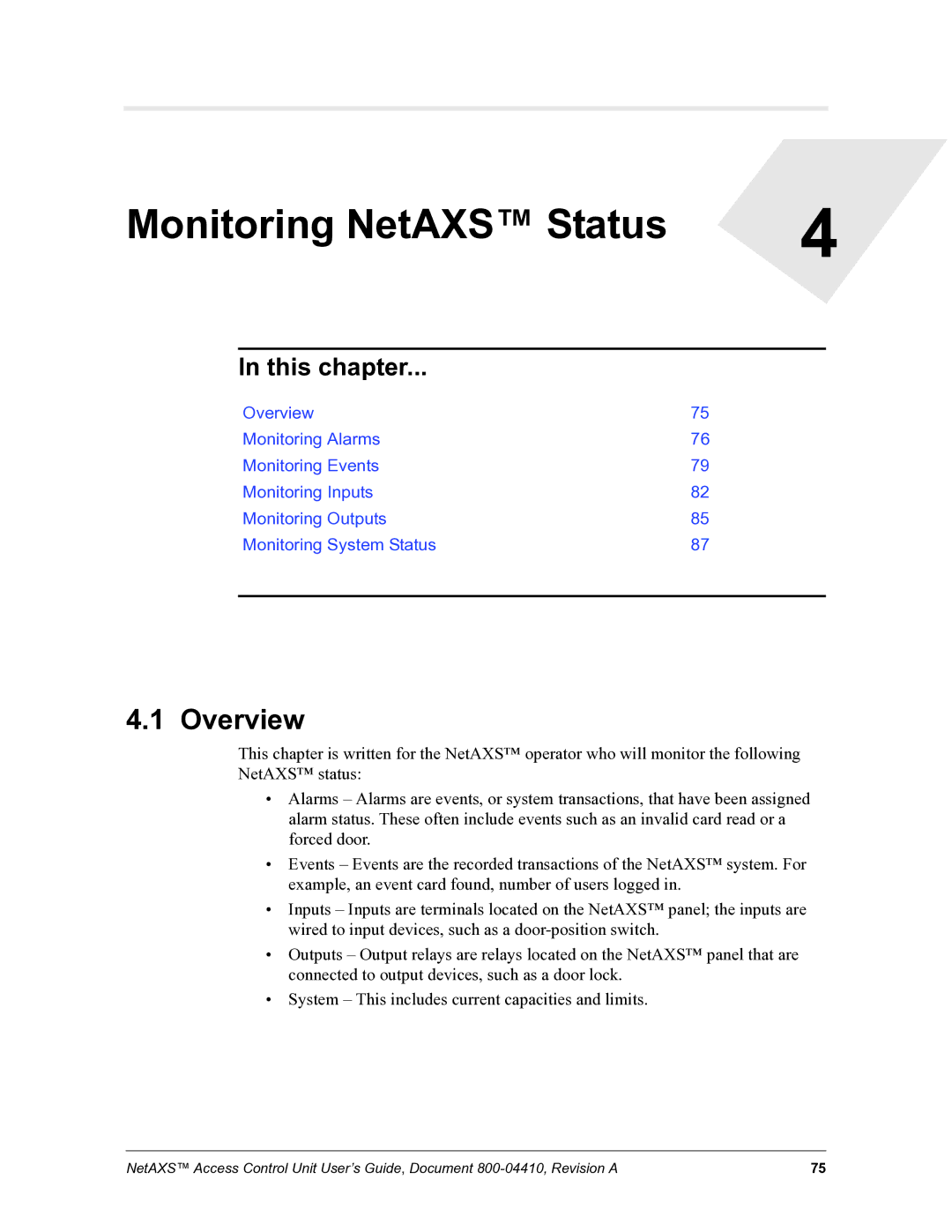 Honeywell 800-04410 manual Monitoring NetAXS Status 