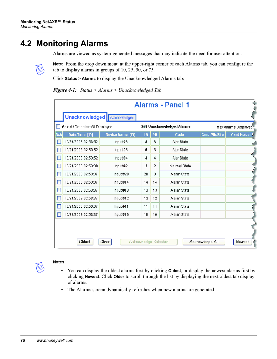 Honeywell 800-04410, NetAXS manual Monitoring Alarms, 1Status Alarms Unacknowledged Tab 