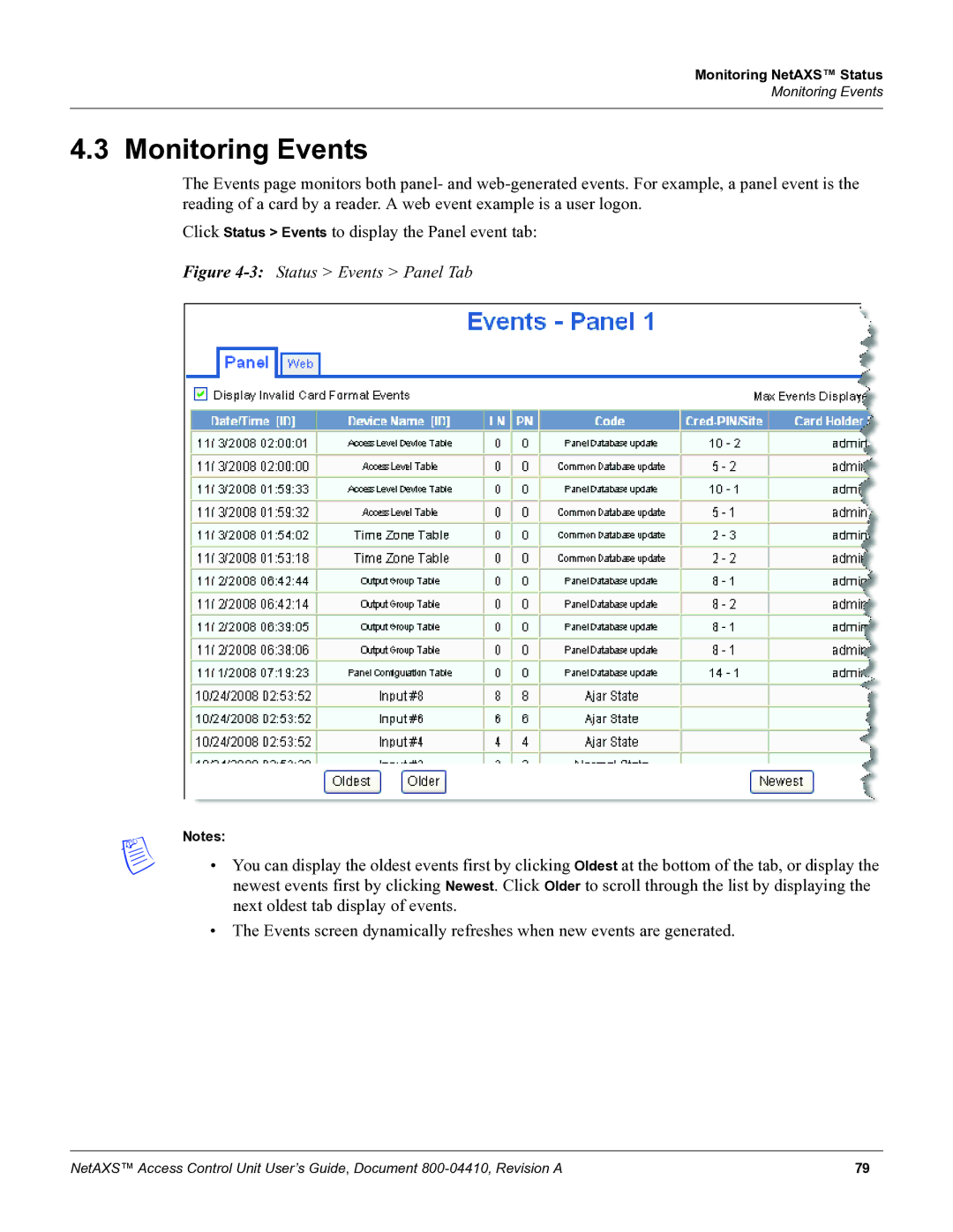 Honeywell NetAXS, 800-04410 manual Monitoring Events, 3Status Events Panel Tab 