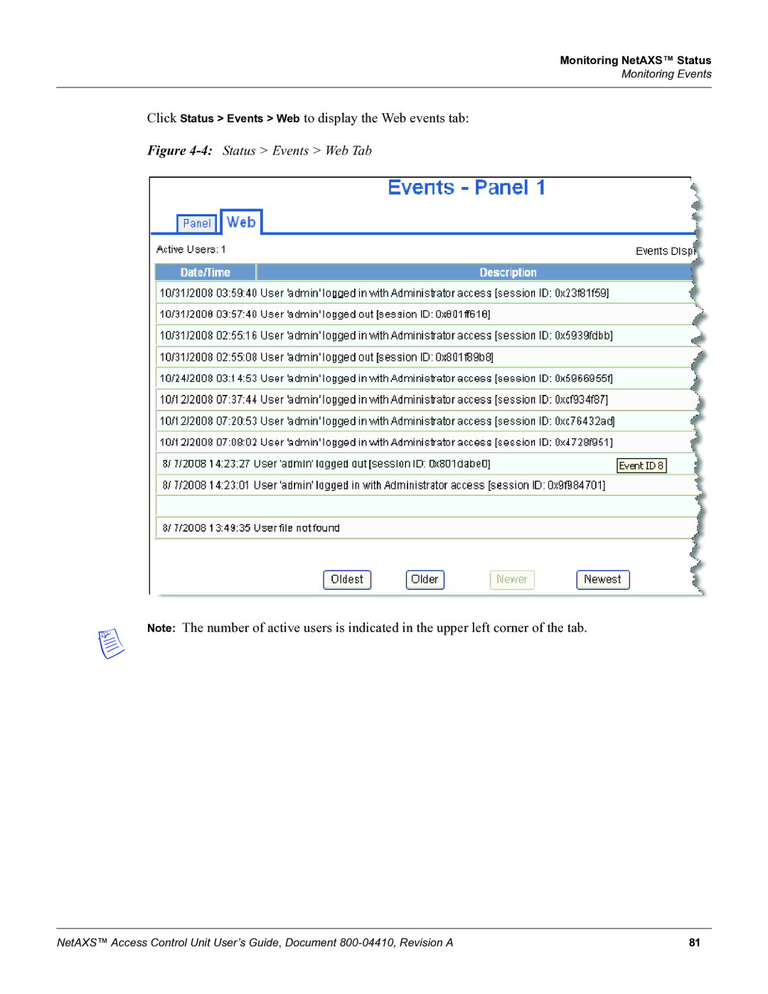 Honeywell NetAXS, 800-04410 manual 4Status Events Web Tab 