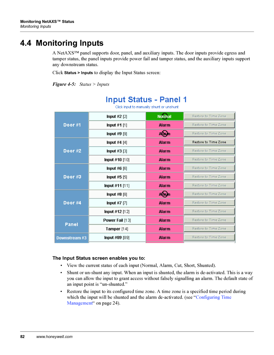 Honeywell 800-04410, NetAXS manual Monitoring Inputs, Input Status screen enables you to 