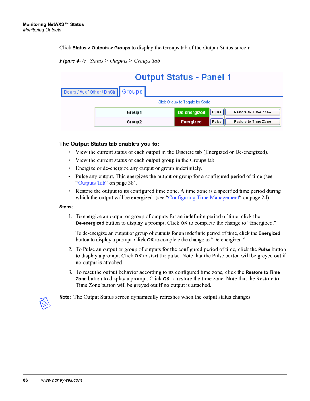 Honeywell 800-04410, NetAXS manual 7Status Outputs Groups Tab, Output Status tab enables you to 