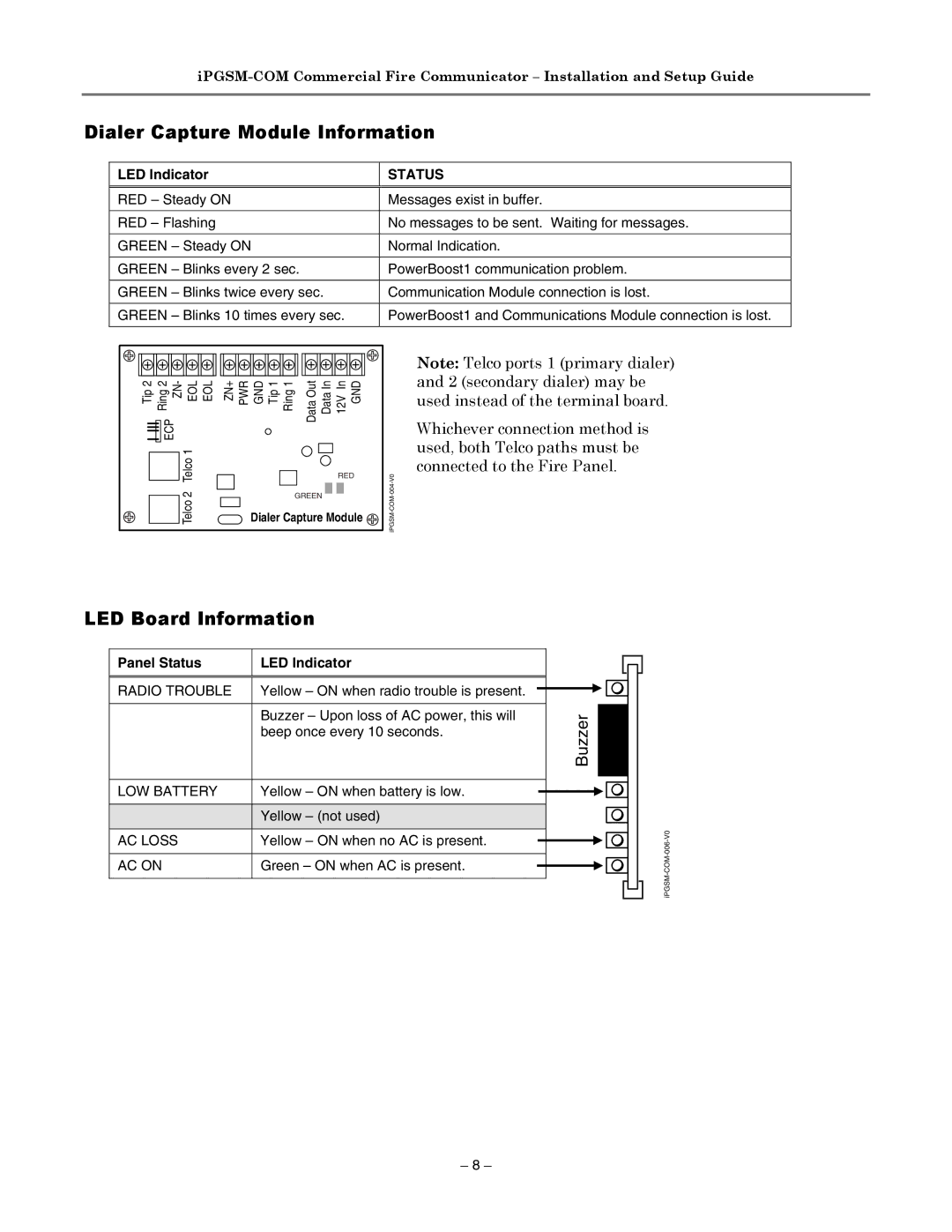 Honeywell 800-04433V1 manual Dialer Capture Module Information, LED Board Information 