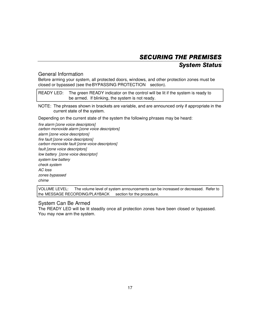 Honeywell 800-06894 manual Securing the Premises, System Status, General Information, System Can Be Armed 