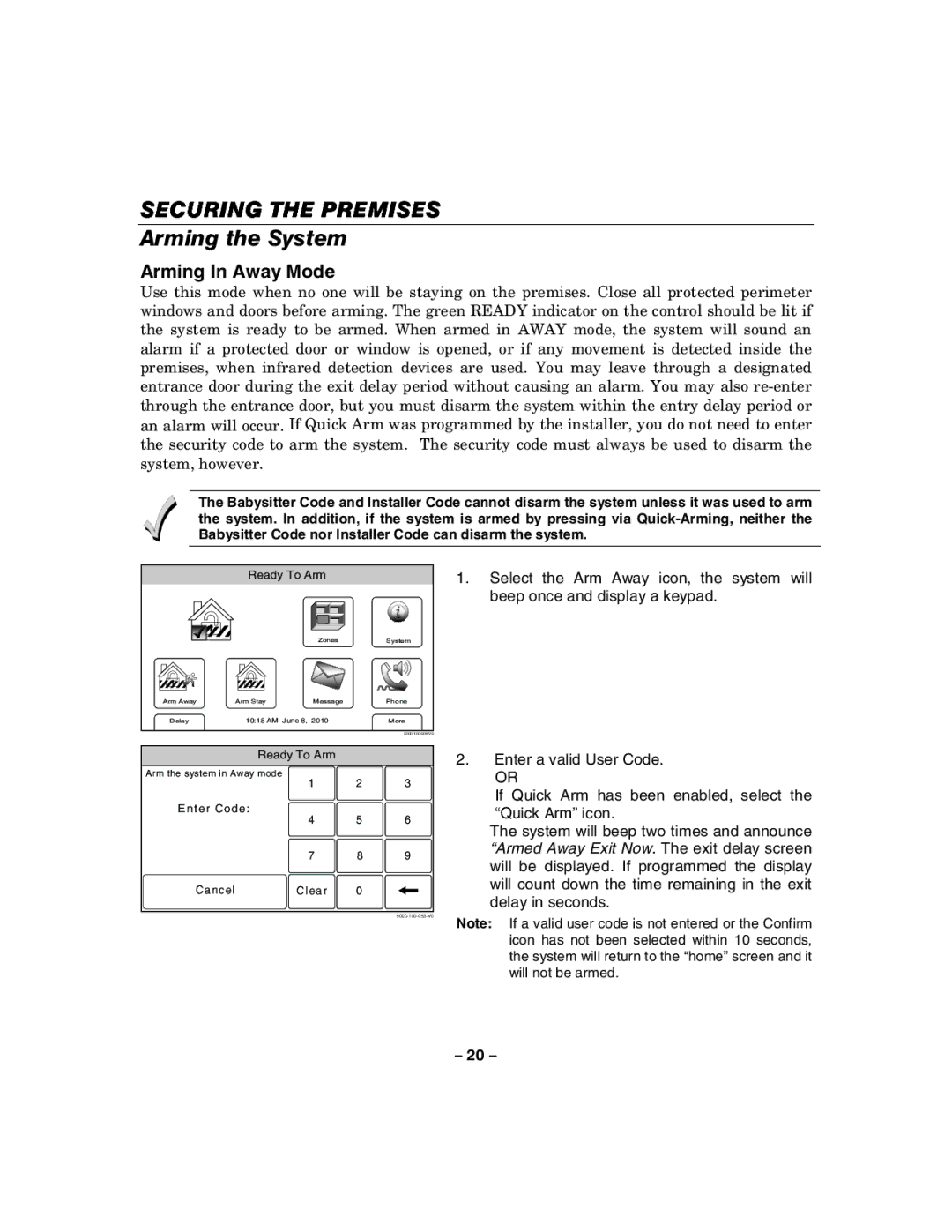 Honeywell 800-06894 manual Arming In Away Mode 