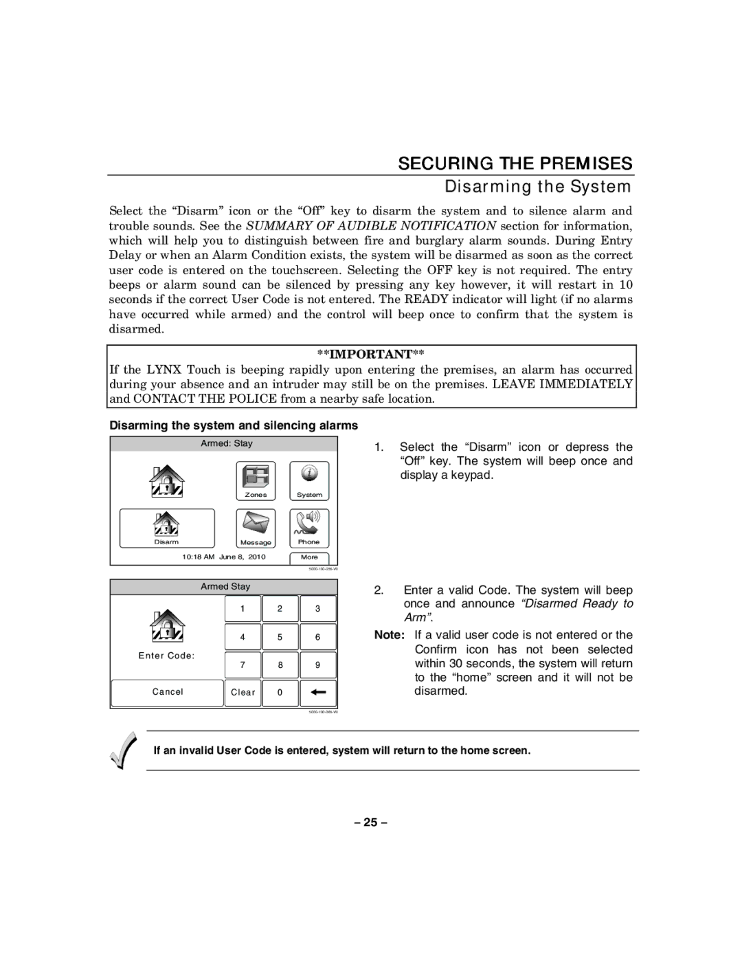 Honeywell 800-06894 manual Disarming the System, Disarming the system and silencing alarms 