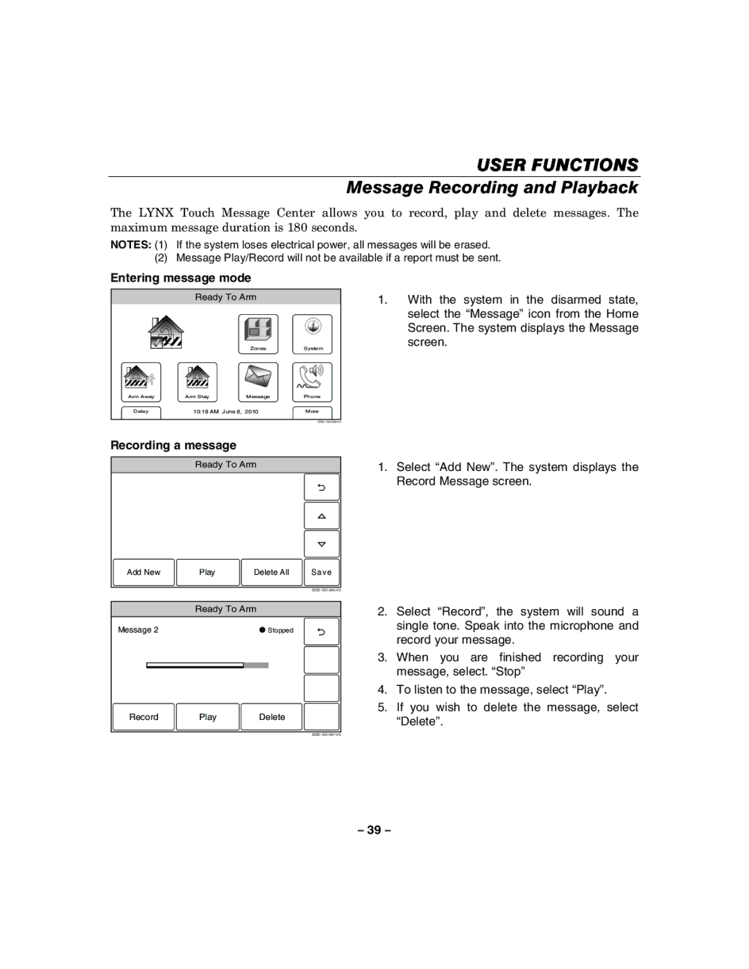 Honeywell 800-06894 manual Message Recording and Playback, Entering message mode, Recording a message 