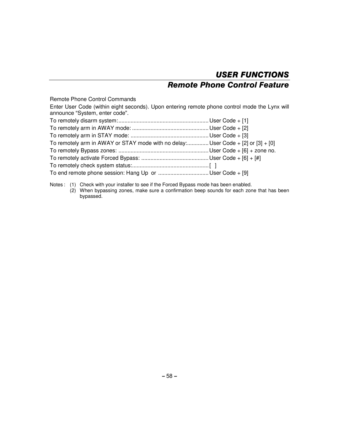 Honeywell 800-06894 manual Remote Phone Control Commands, To end remote phone session Hang Up or User Code + 